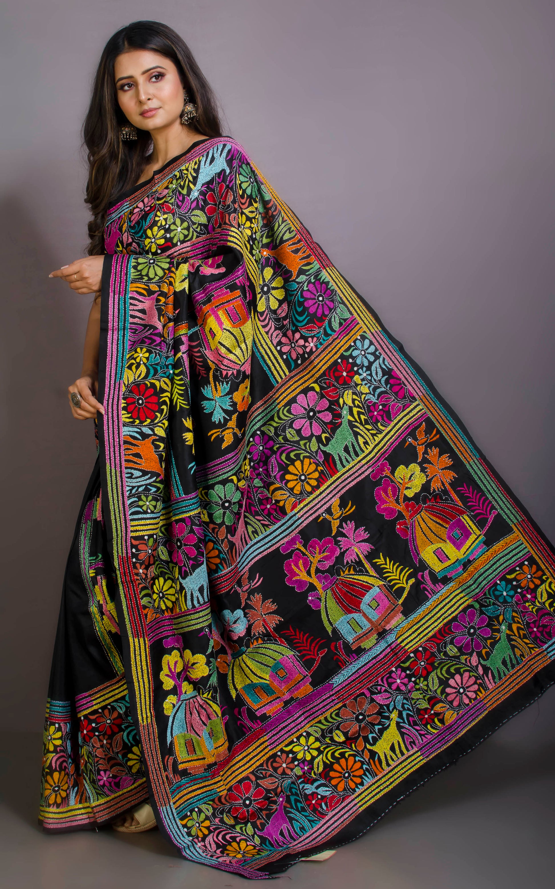 Pure Silk Hand Embroidery Kantha Stitch Saree in Obsidian Black and Multicolored Thread Work