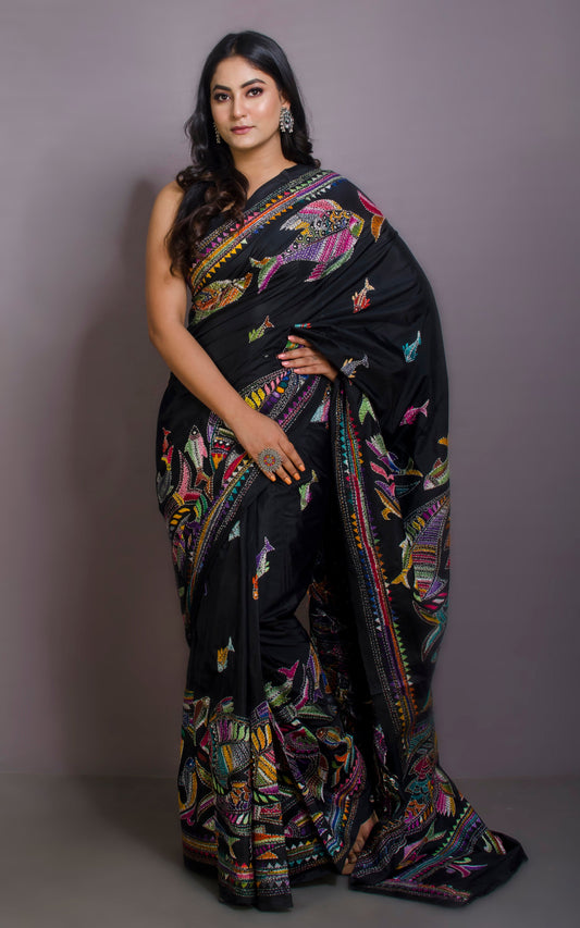 Hand Embroidery Blended Silk Kantha Work Saree in Black and Multicolored Thread Work