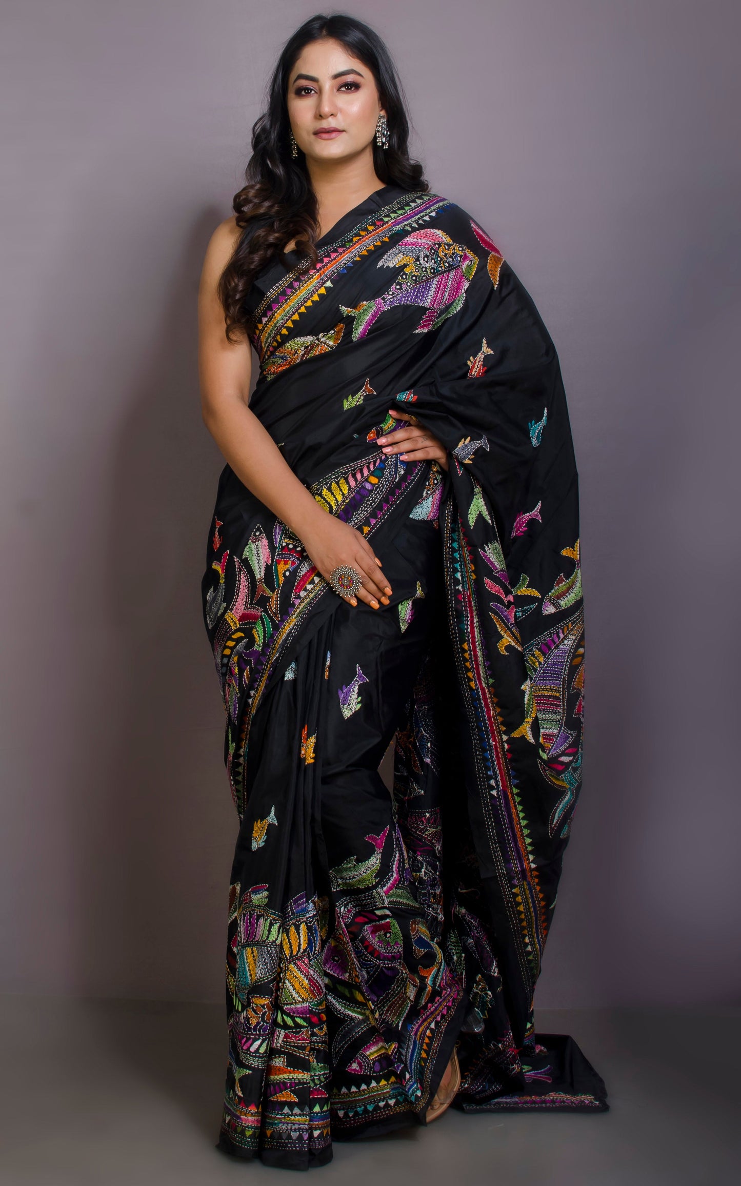 Hand Embroidery Blended Silk Kantha Work Saree in Black and Multicolored Thread Work