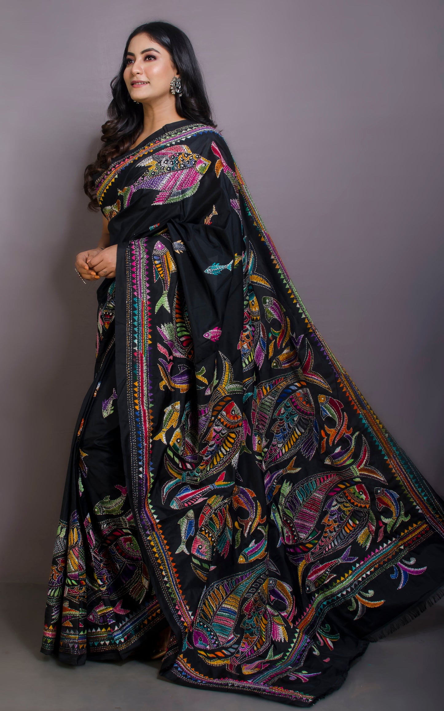 Hand Embroidery Blended Silk Kantha Work Saree in Black and Multicolored Thread Work