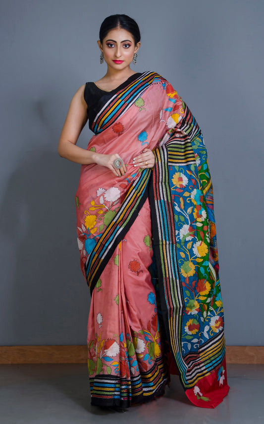 Tie-Dye Pure Silk Hand Embroidery Kantha Stitch Saree in Blossom Pink, Black and Multicolored Thread Work