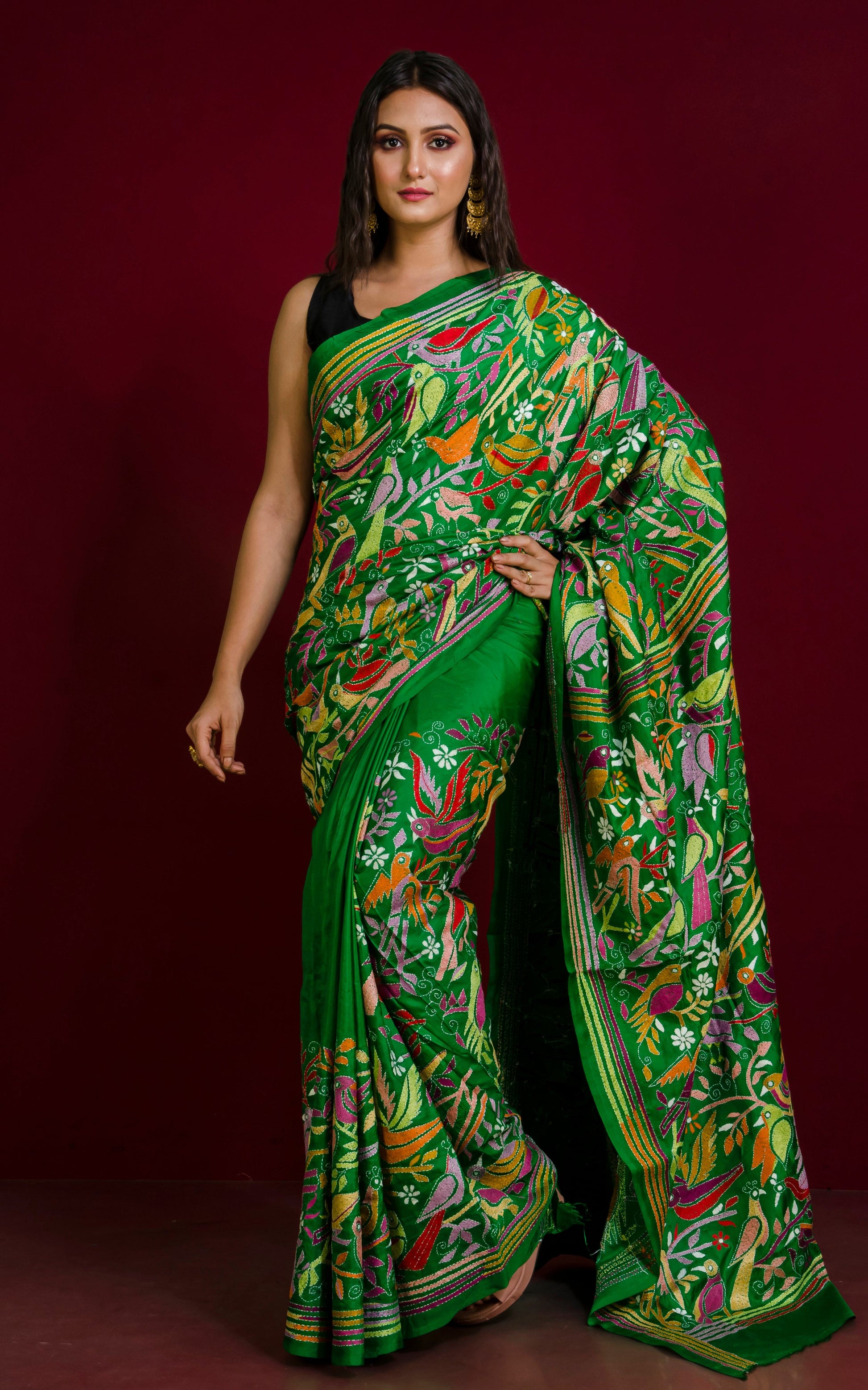 Hand Embroidery Bird Motif Kantha Stitch Pure Silk Saree in Natural Green and Multicolored Thread Work