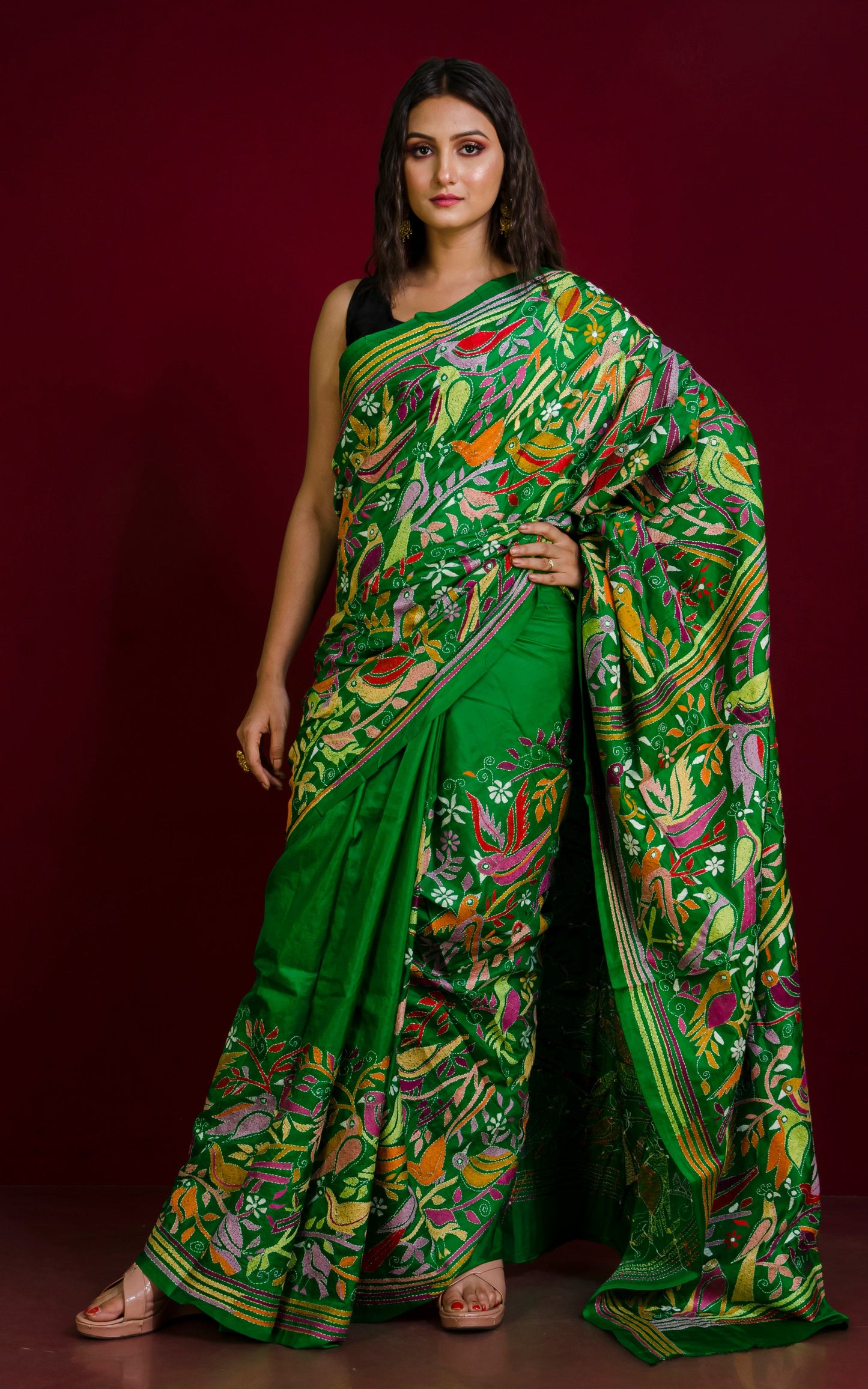 Hand Embroidery Bird Motif Kantha Stitch Pure Silk Saree in Natural Green and Multicolored Thread Work