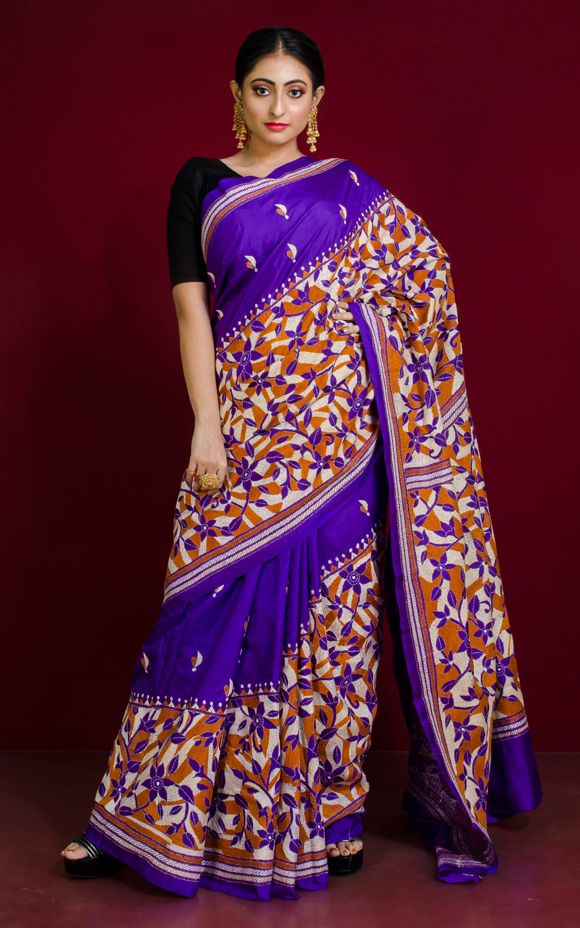 Hand Embroidery Reverse Floral Kantha Stitch Pure Silk Saree in Purple, Sienna Brown and Cappuccino White Thread Work