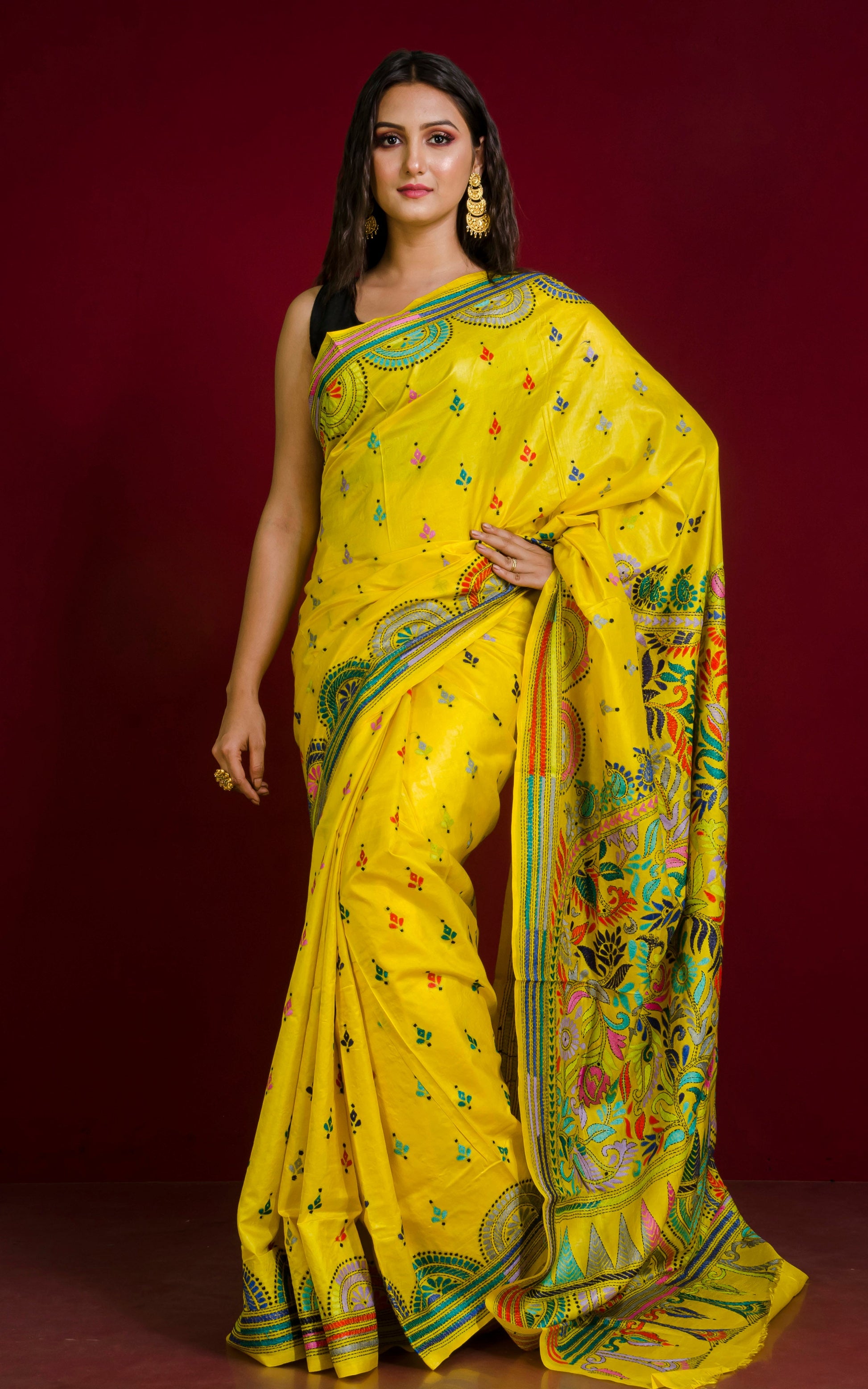 Hand Embroidery Chandmari Nakshi Border Work Kantha Stitch Pure Silk Saree in Bright Yellow and Multicolored Thread Work