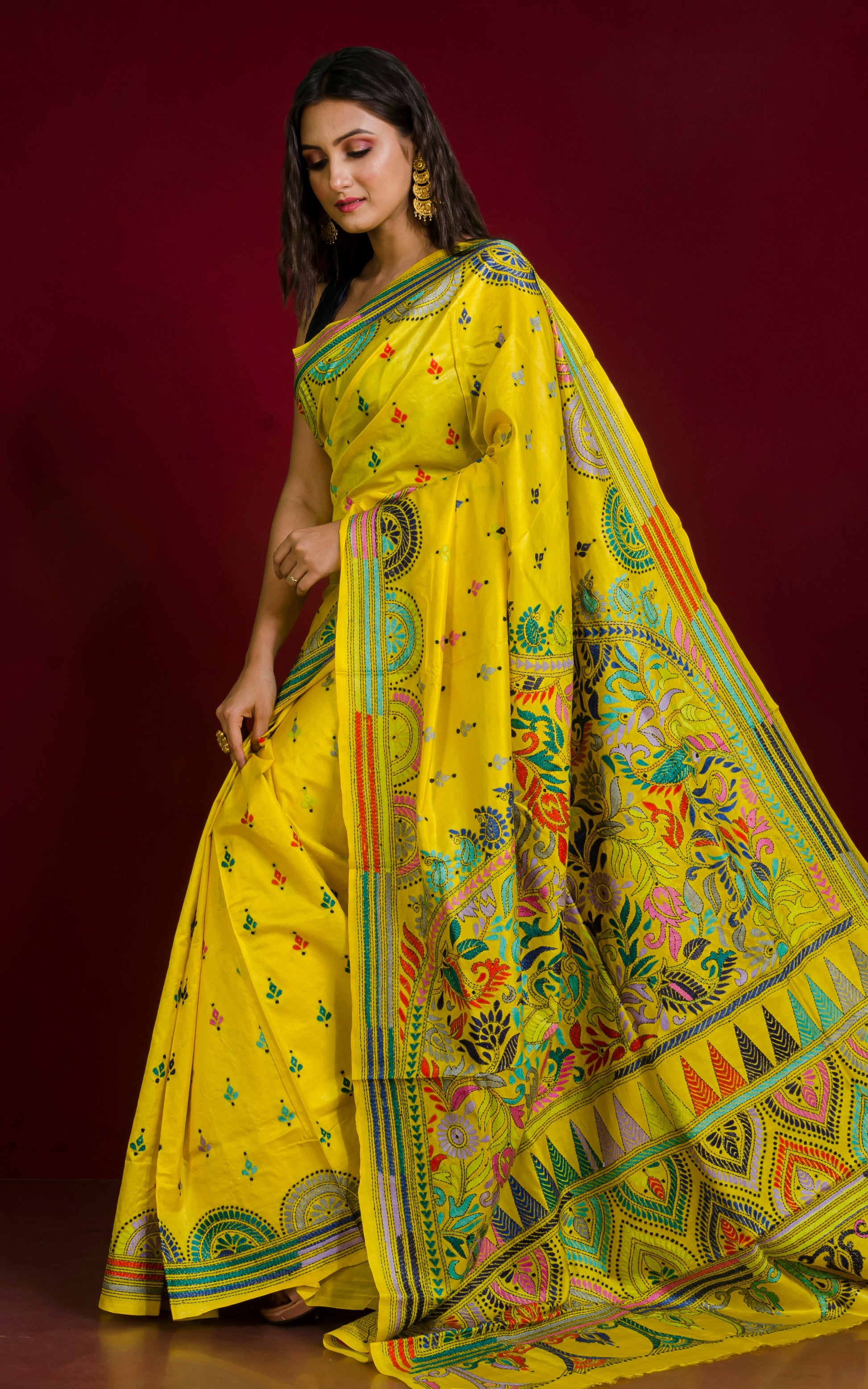 Hand Embroidery Chandmari Nakshi Border Work Kantha Stitch Pure Silk Saree in Bright Yellow and Multicolored Thread Work