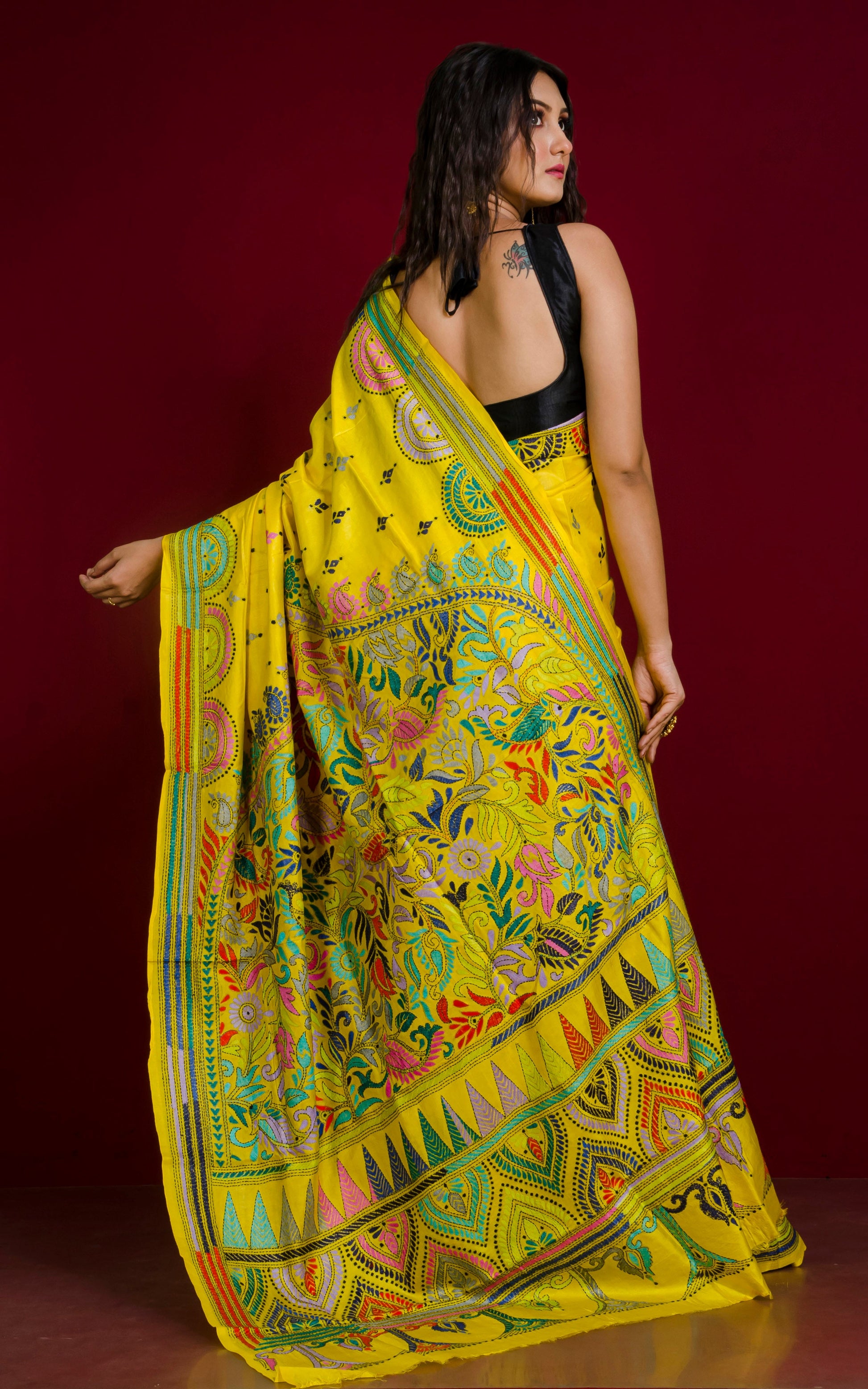 Hand Embroidery Chandmari Nakshi Border Work Kantha Stitch Pure Silk Saree in Bright Yellow and Multicolored Thread Work