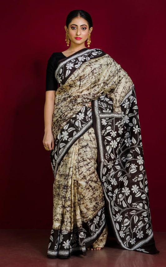 Pure Silk Hand Embroidery Hand Batik Kantha Stitch Saree in Parmesan, Coal Black and Off White Thread Work