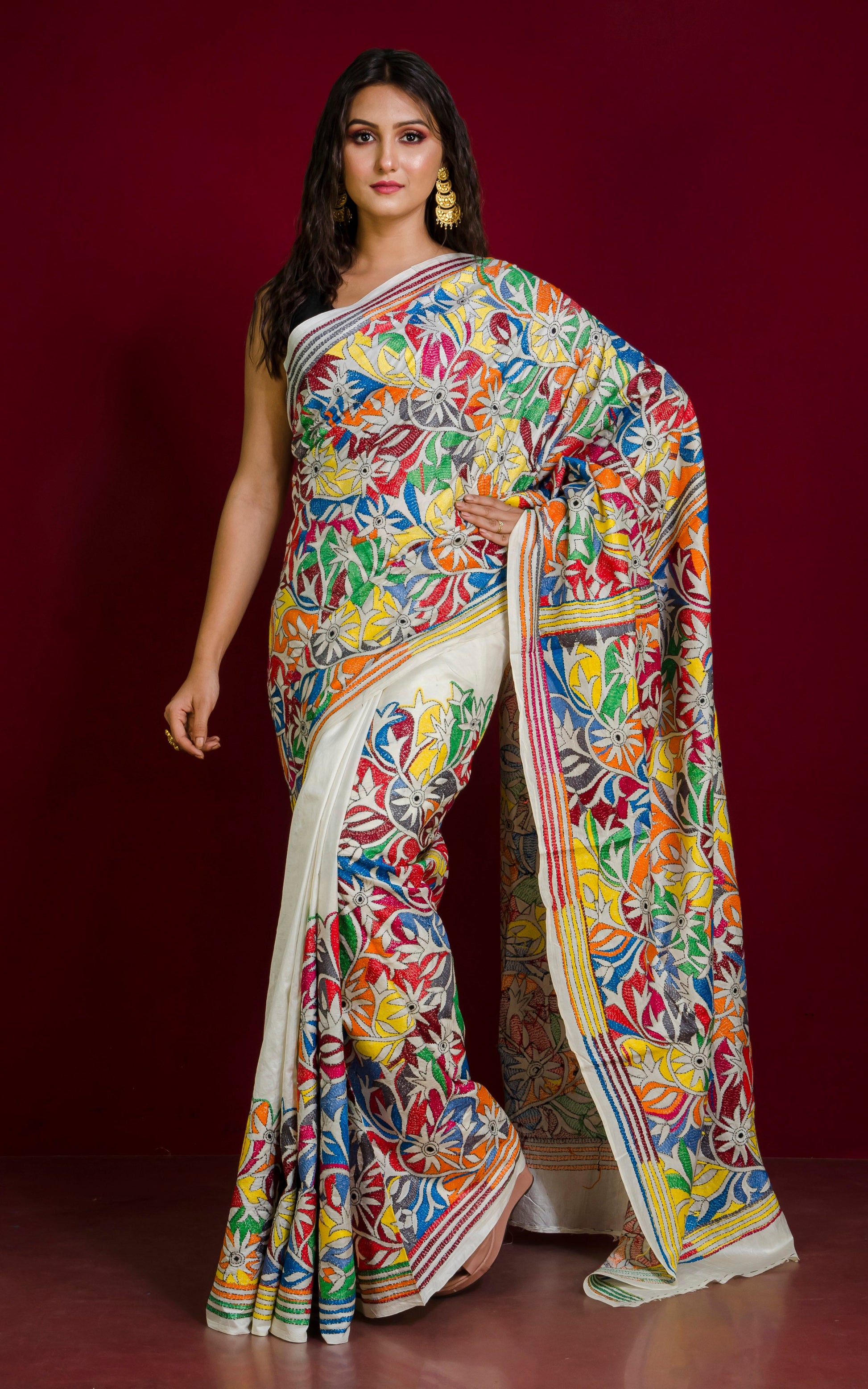 Hand Embroidery Reverse Nakshi Work Kantha Stitch Pure Silk Saree in Off White and Multicolored Thread Work