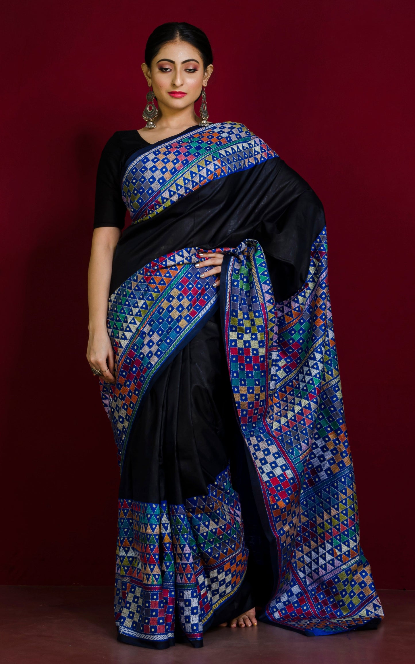 Designer Hand Embroidery Nakshi Work Kantha Stitch Pure Silk Saree in Black, Blue and Multicolored Thread Work