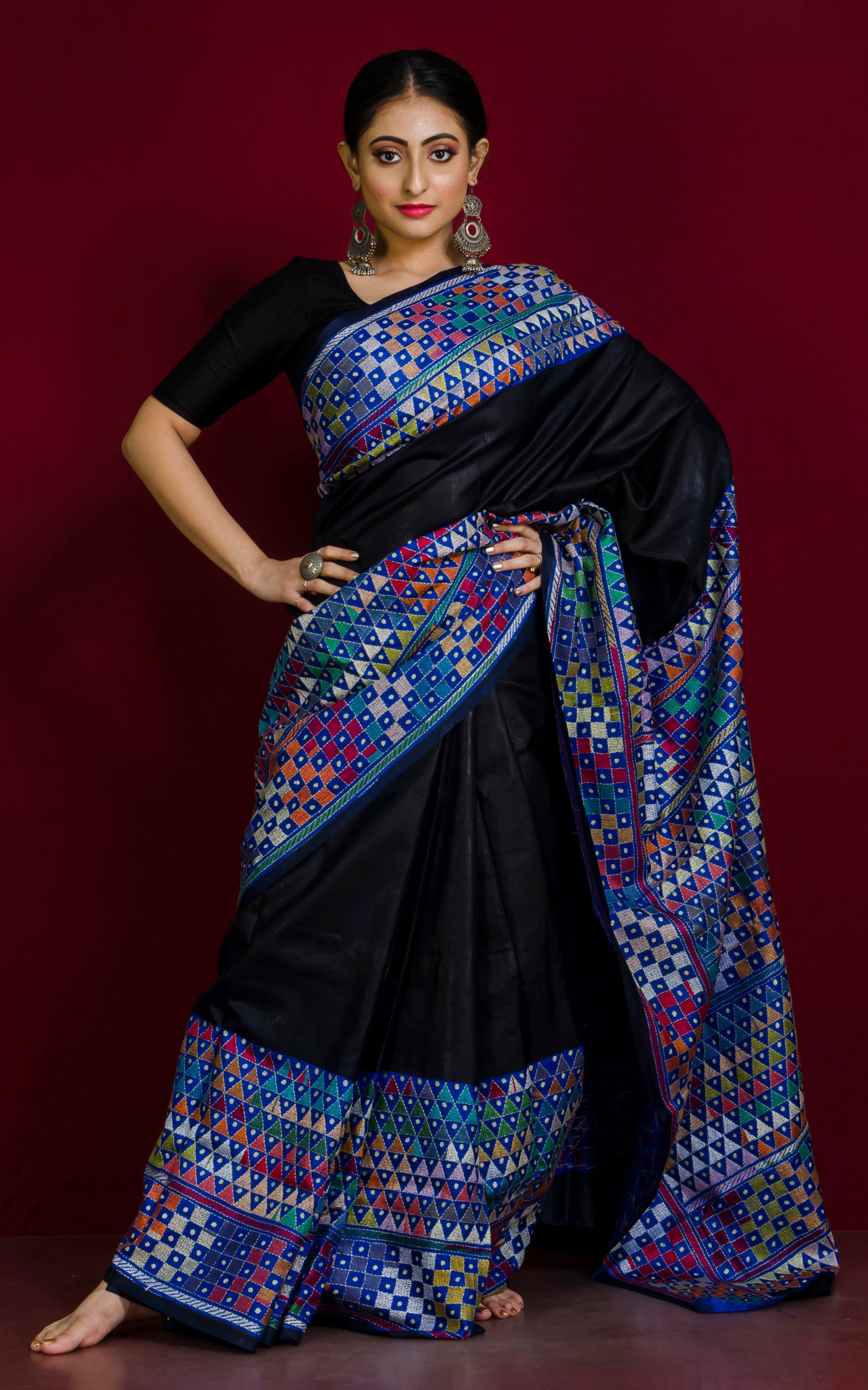 Designer Hand Embroidery Nakshi Work Kantha Stitch Pure Silk Saree in Black, Blue and Multicolored Thread Work