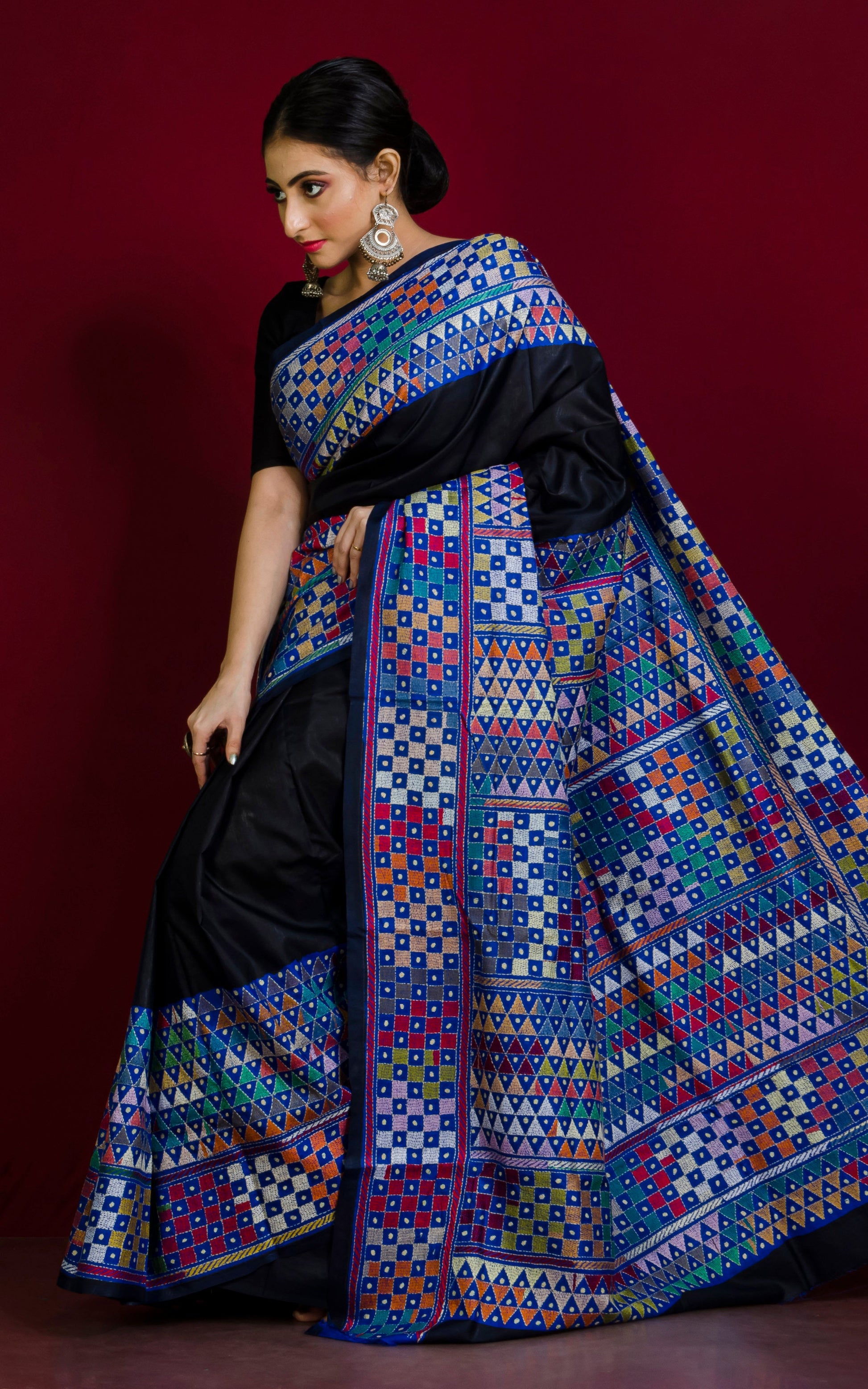 Designer Hand Embroidery Nakshi Work Kantha Stitch Pure Silk Saree in Black, Blue and Multicolored Thread Work