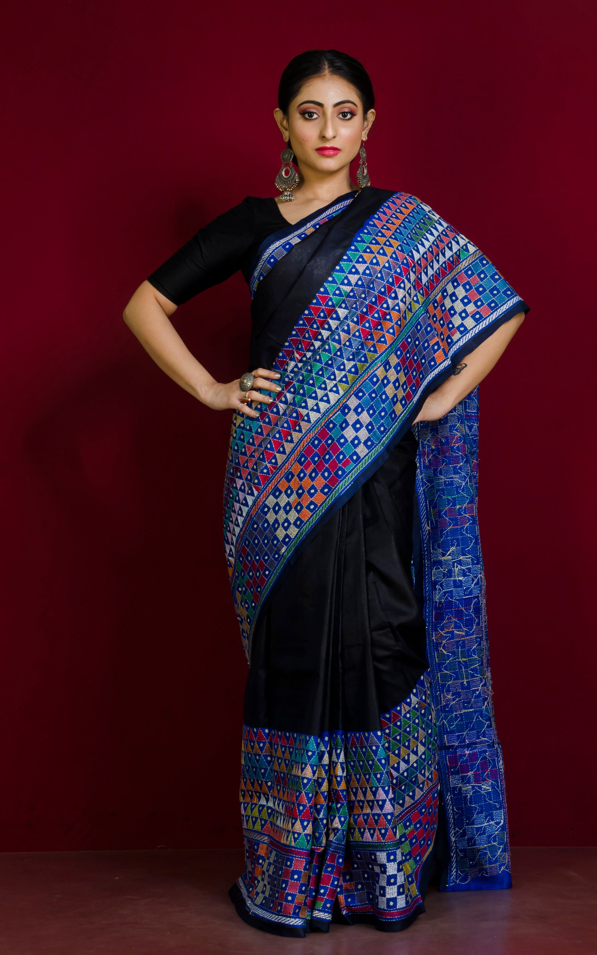 Designer Hand Embroidery Nakshi Work Kantha Stitch Pure Silk Saree in Black, Blue and Multicolored Thread Work