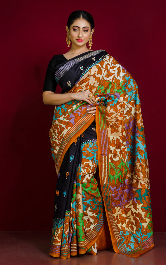 Hand Embroidery Reverse Nakshi Work Kantha Stitch Pure Silk Saree in Midnight Blue, Mustard Brown and Multicolored Thread Work