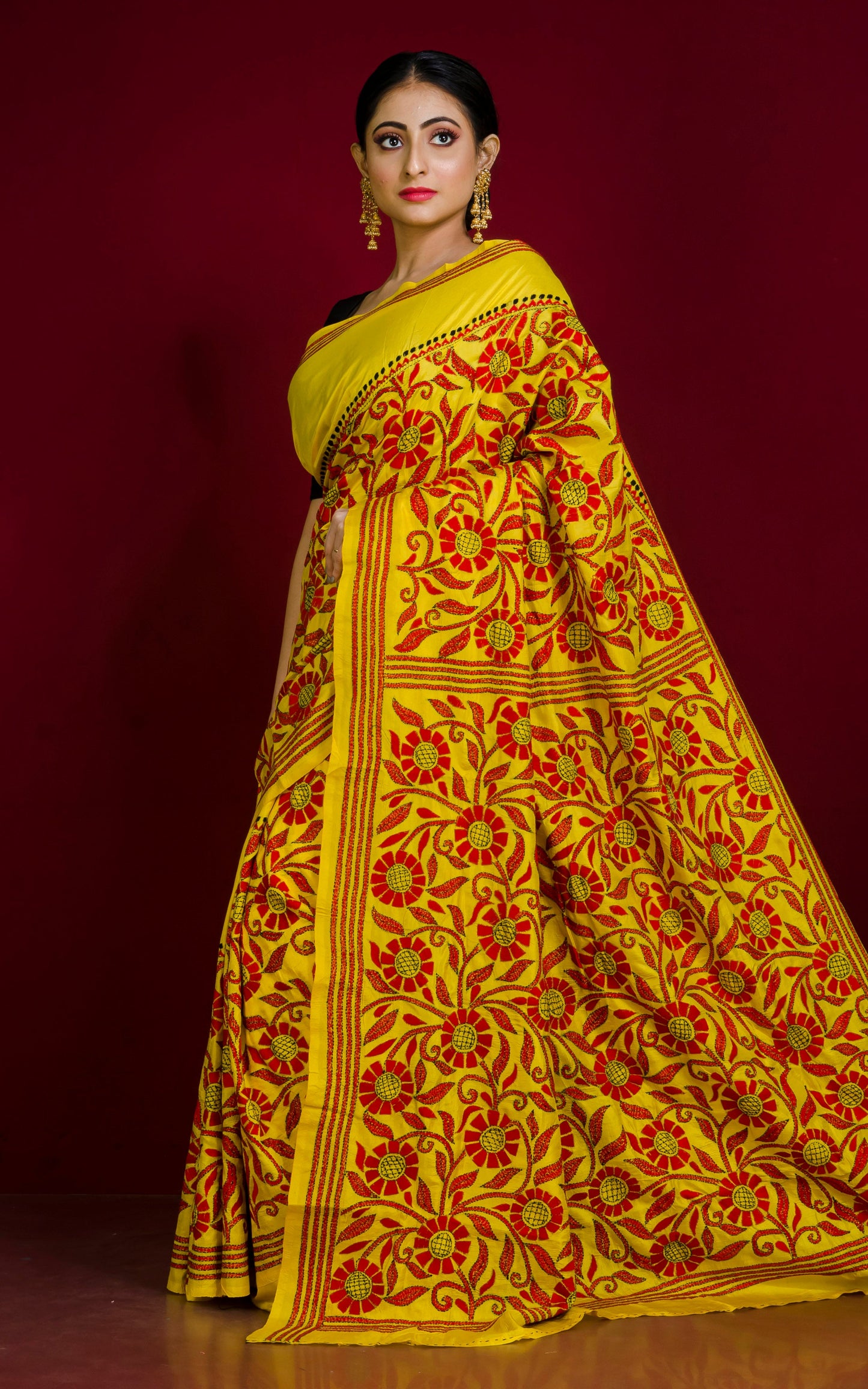 Pure Silk Hand Embroidery Kantha Stitch Saree in Bright Yellow, Red and Black