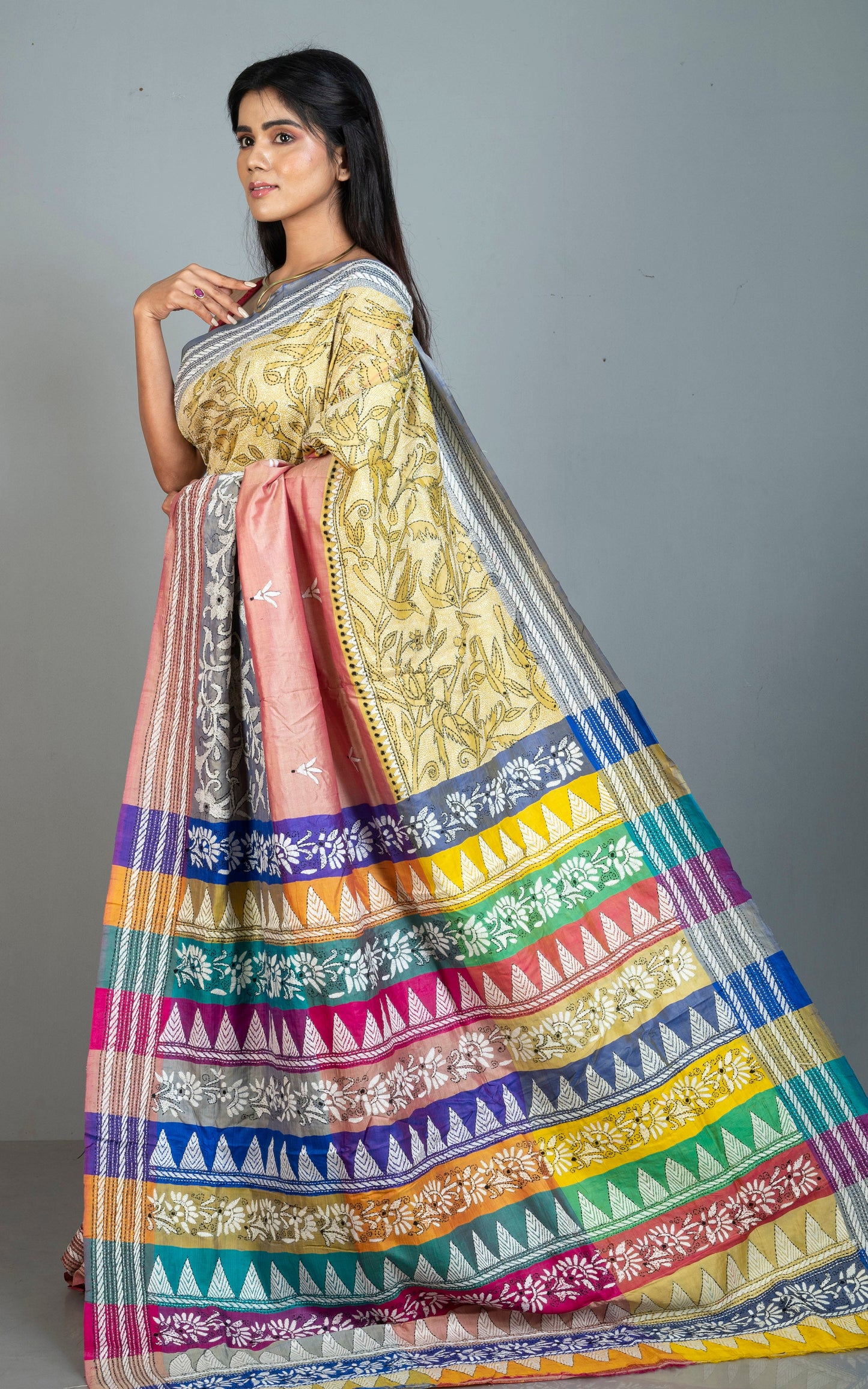 3D Nakshi Kantha Stitch Work Pure Silk Saree in Pastel Yellow, Peach, Grey, Off White, Black and Multicolored