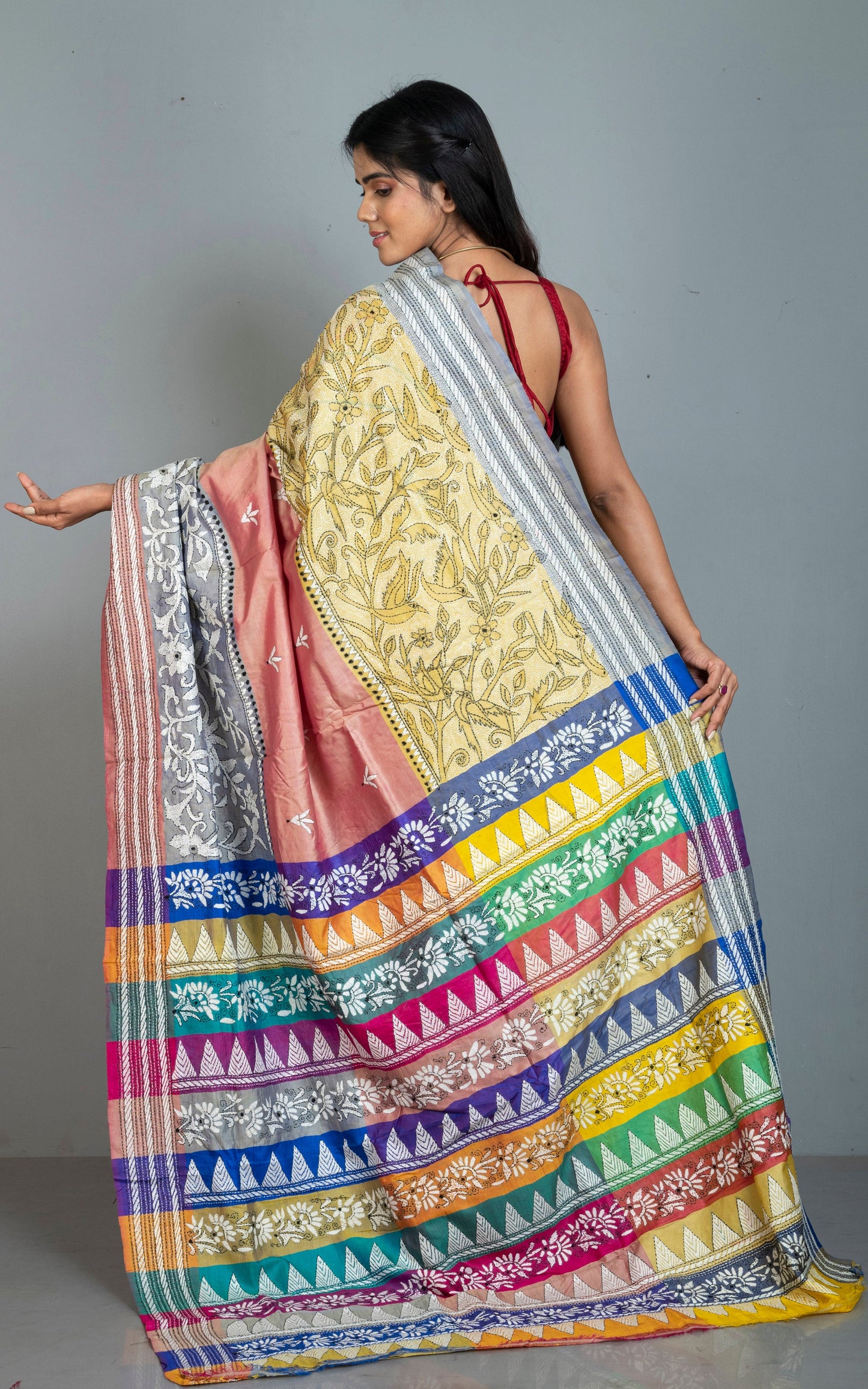 3D Nakshi Kantha Stitch Work Pure Silk Saree in Pastel Yellow, Peach, Grey, Off White, Black and Multicolored