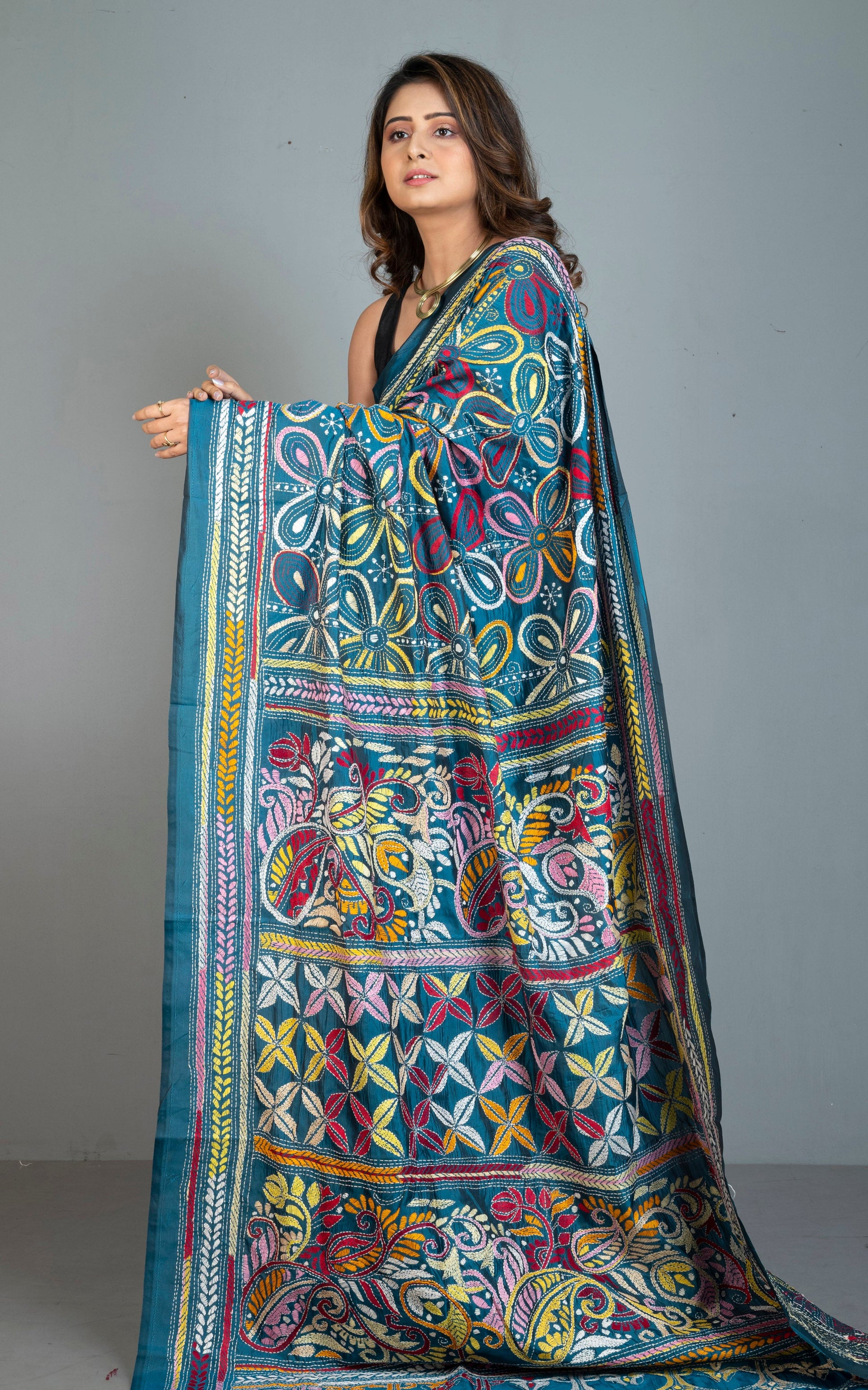 Hand Embroidery Blended Silk Kantha Work Saree in Aegean Blue and Multicolored Thread Work