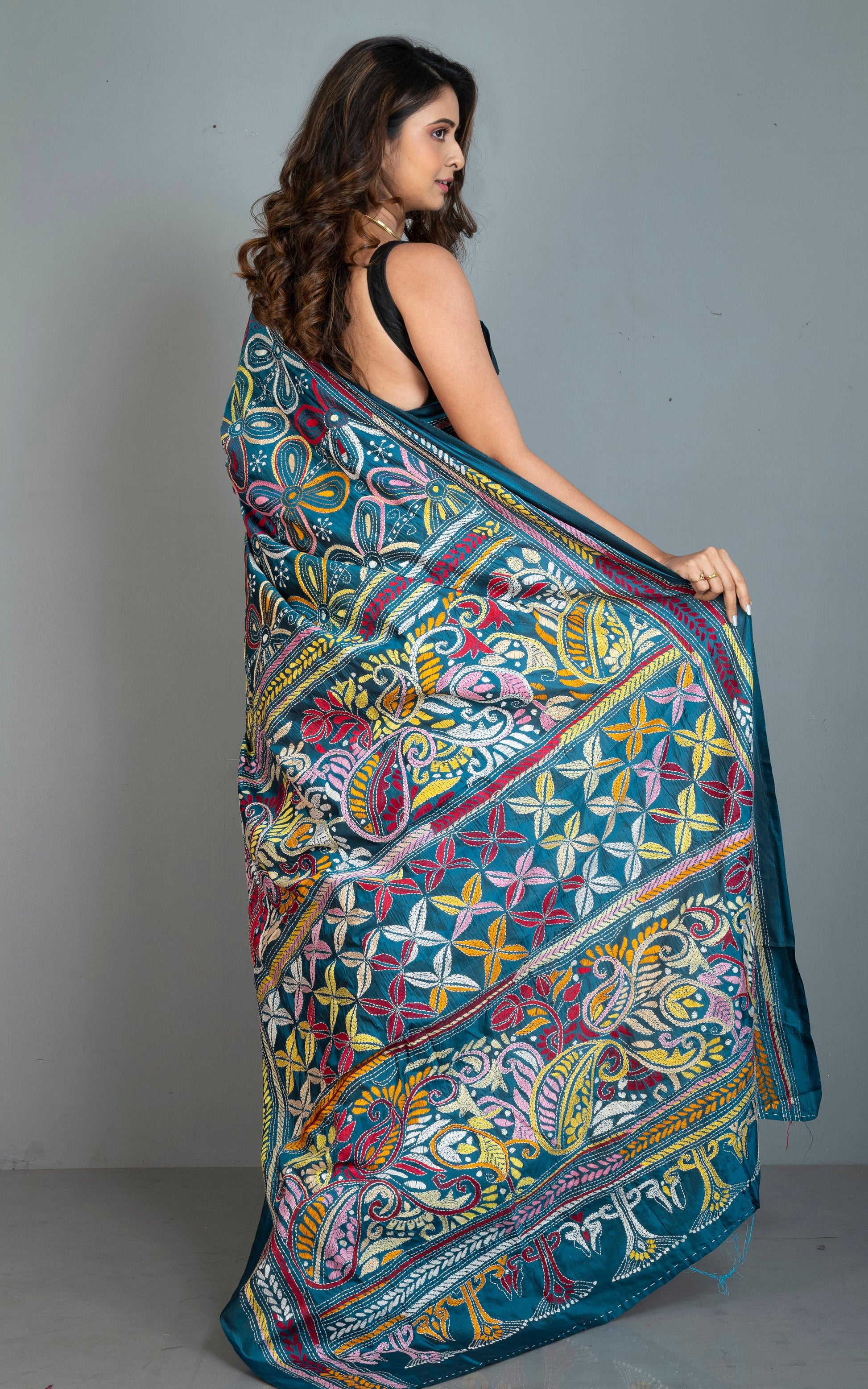 Hand Embroidery Blended Silk Kantha Work Saree in Aegean Blue and Multicolored Thread Work