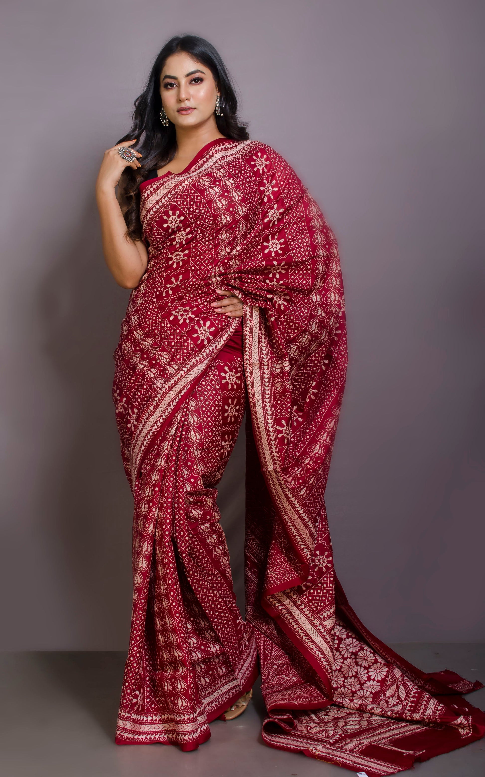 Pure Silk Hand Embroidery Kantha Stitch Saree in Maroon and Off White