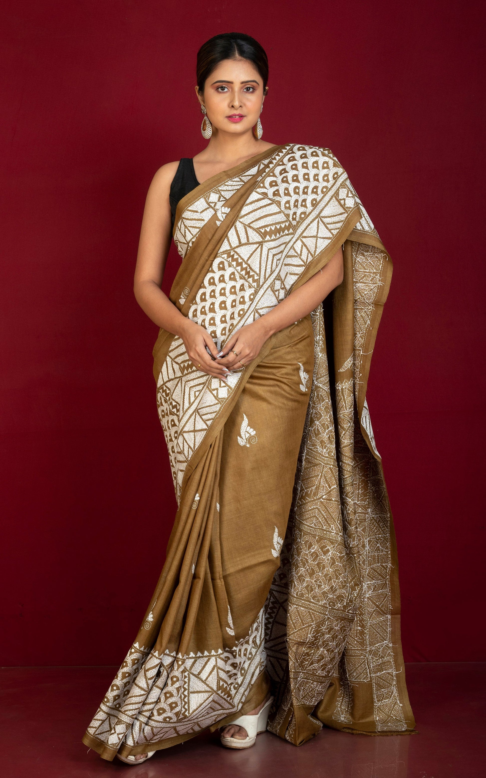 Premium Quality Hand Embroidery Kantha Work on Pure Gachi Tussar Saree in Coffee Brown and Off White