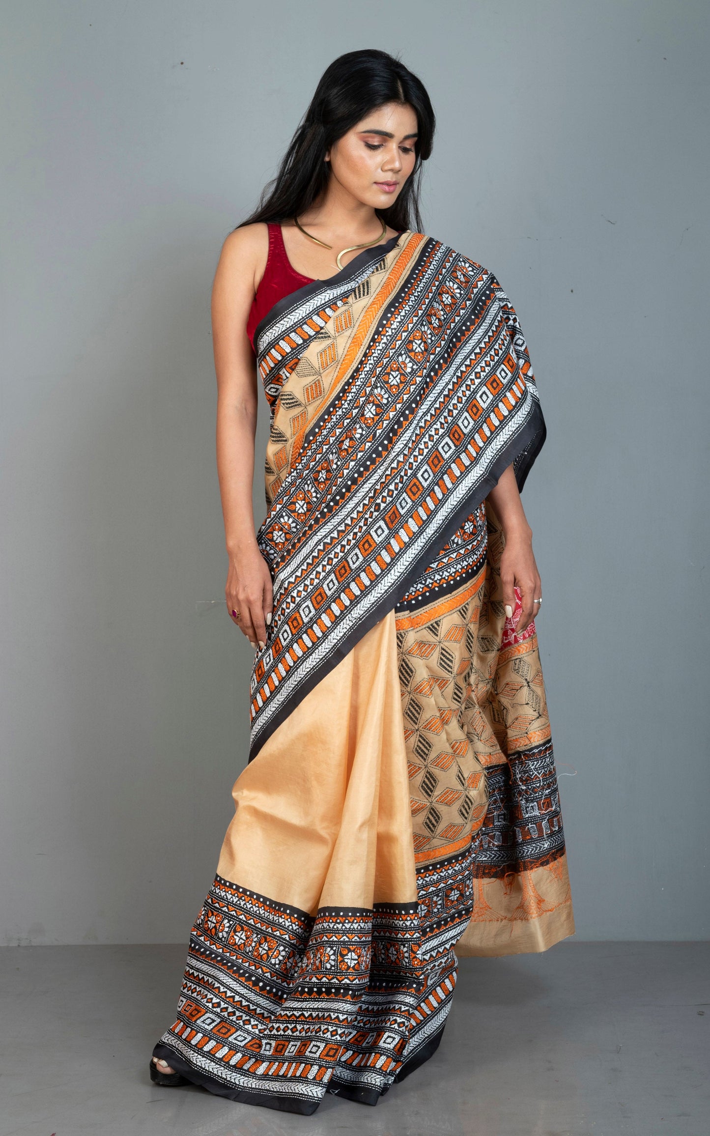 Tie-Dye Pure Silk Hand Embroidery Kantha Stitch Saree in Parmesan, Black, Red and Multicolored Thread Work