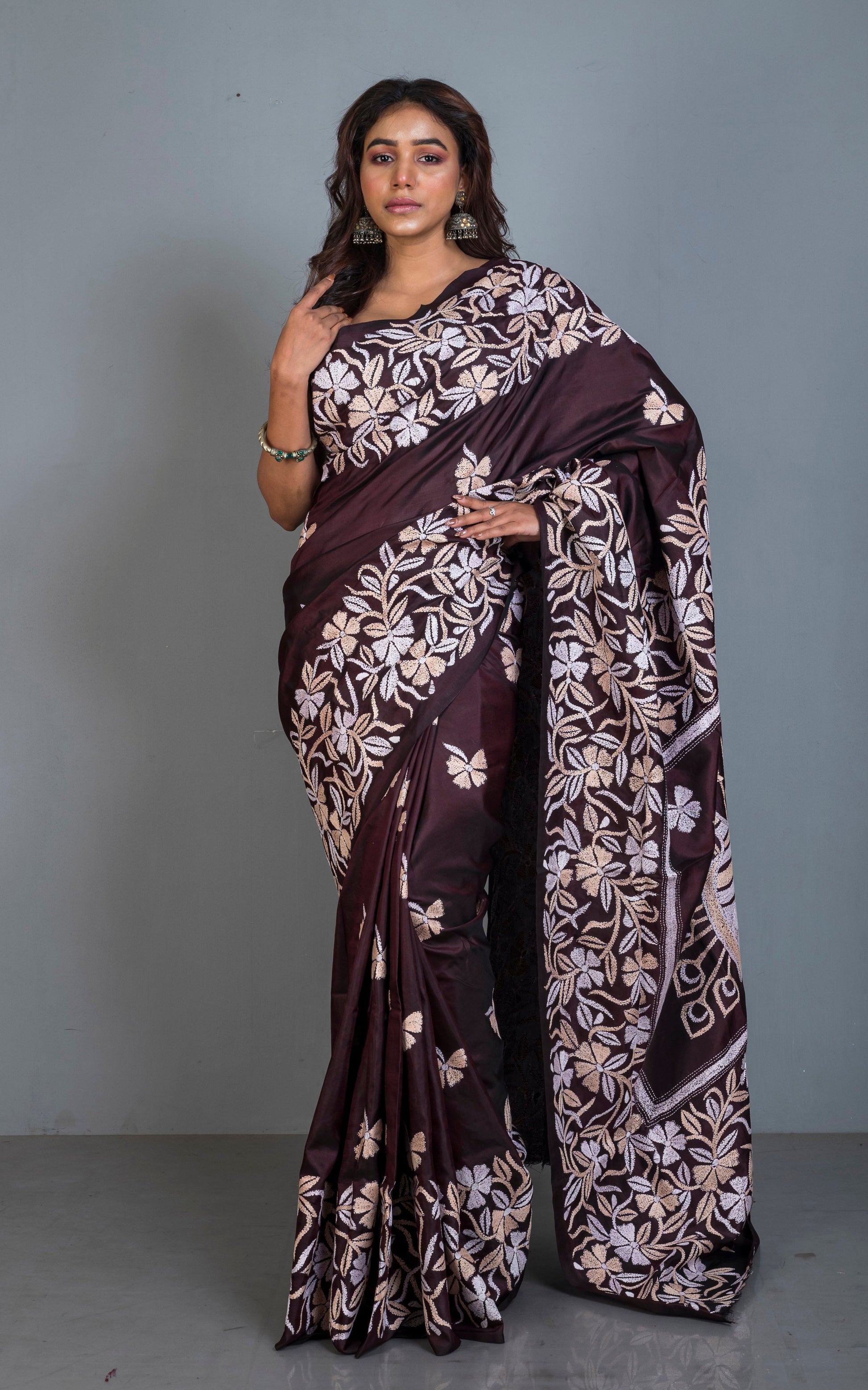 Pure Silk Hand Embroidery Premium Quality Kantha Stitch Saree in Chocolate Brown, Blanched Almond and Off White Thread Work