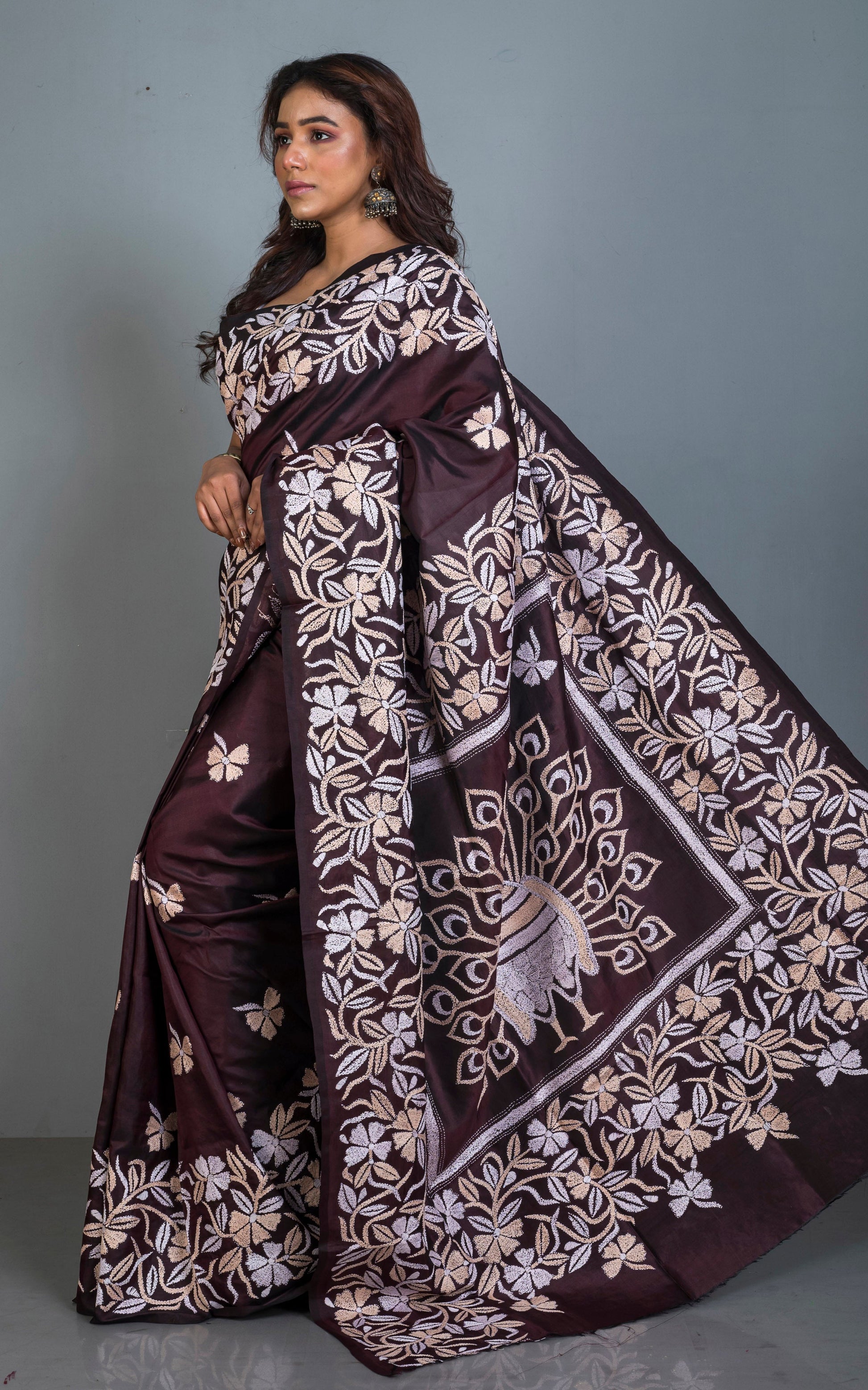 Pure Silk Hand Embroidery Premium Quality Kantha Stitch Saree in Chocolate Brown, Blanched Almond and Off White Thread Work