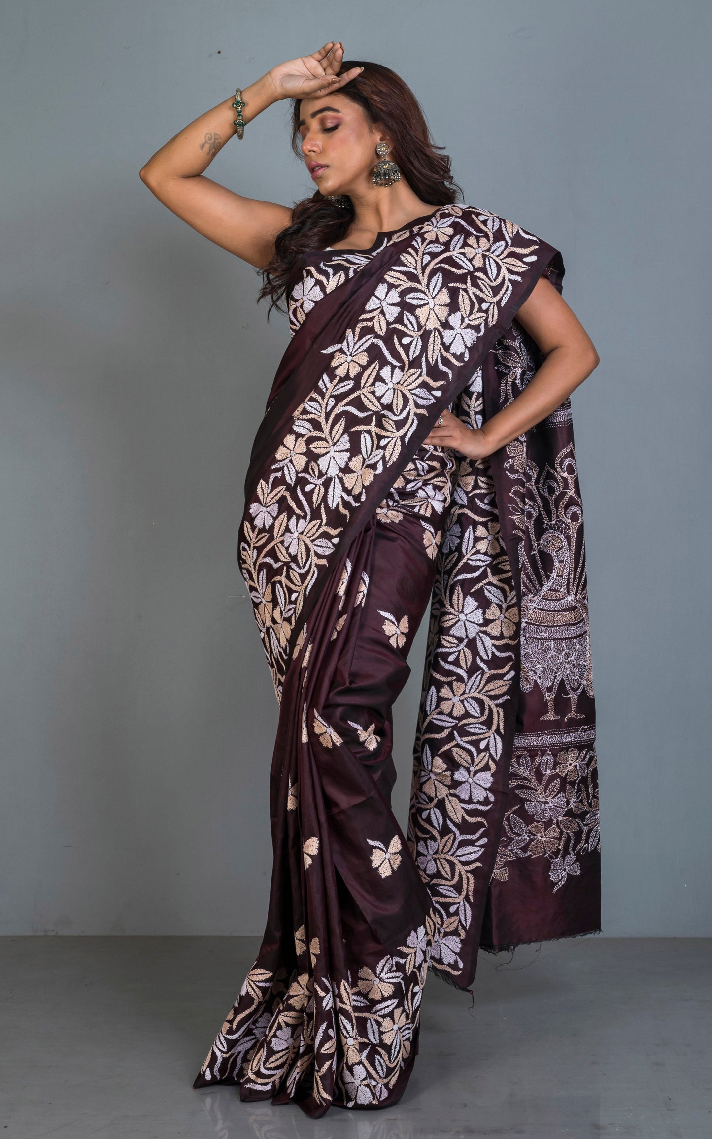 Pure Silk Hand Embroidery Premium Quality Kantha Stitch Saree in Chocolate Brown, Blanched Almond and Off White Thread Work