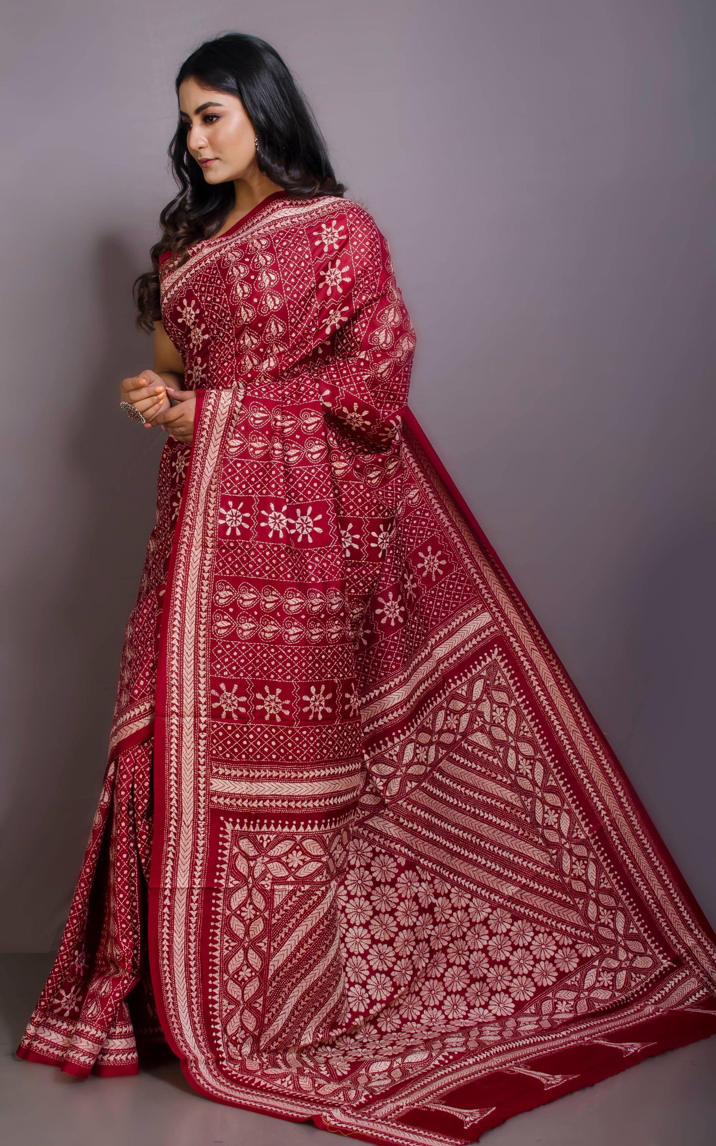 Pure Silk Hand Embroidery Kantha Stitch Saree in Maroon and Off White