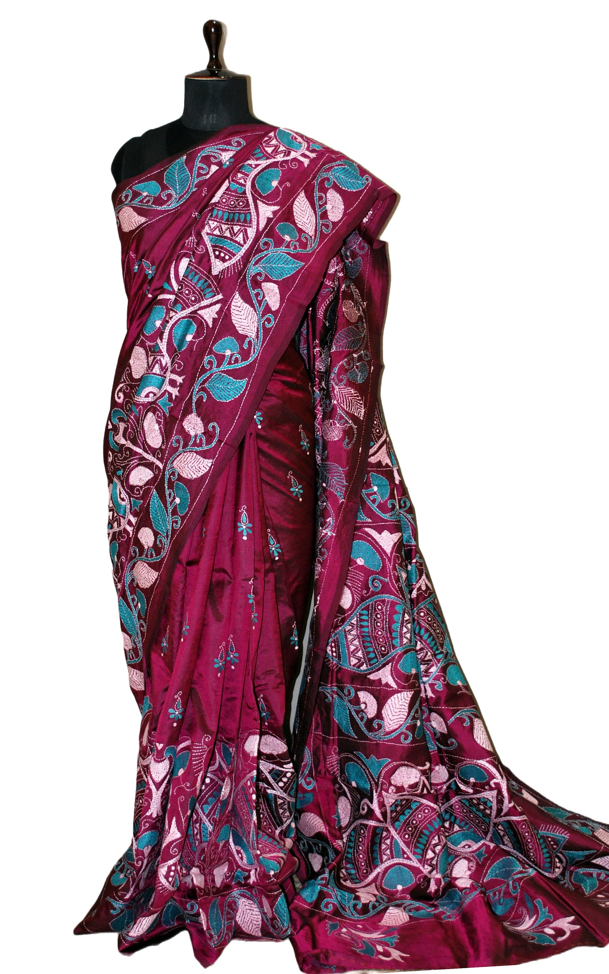 Pure Silk Hand Embroidery Kantha Stitch Saree in Boysenberry, Teal and Off White