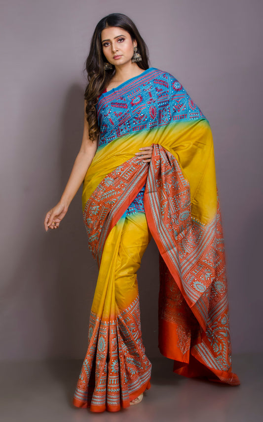 Tie-Dye Pure Silk Hand Embroidery Kantha Stitch Saree in Ochre Yellow, Celeste Blue and Sunrise Orange
