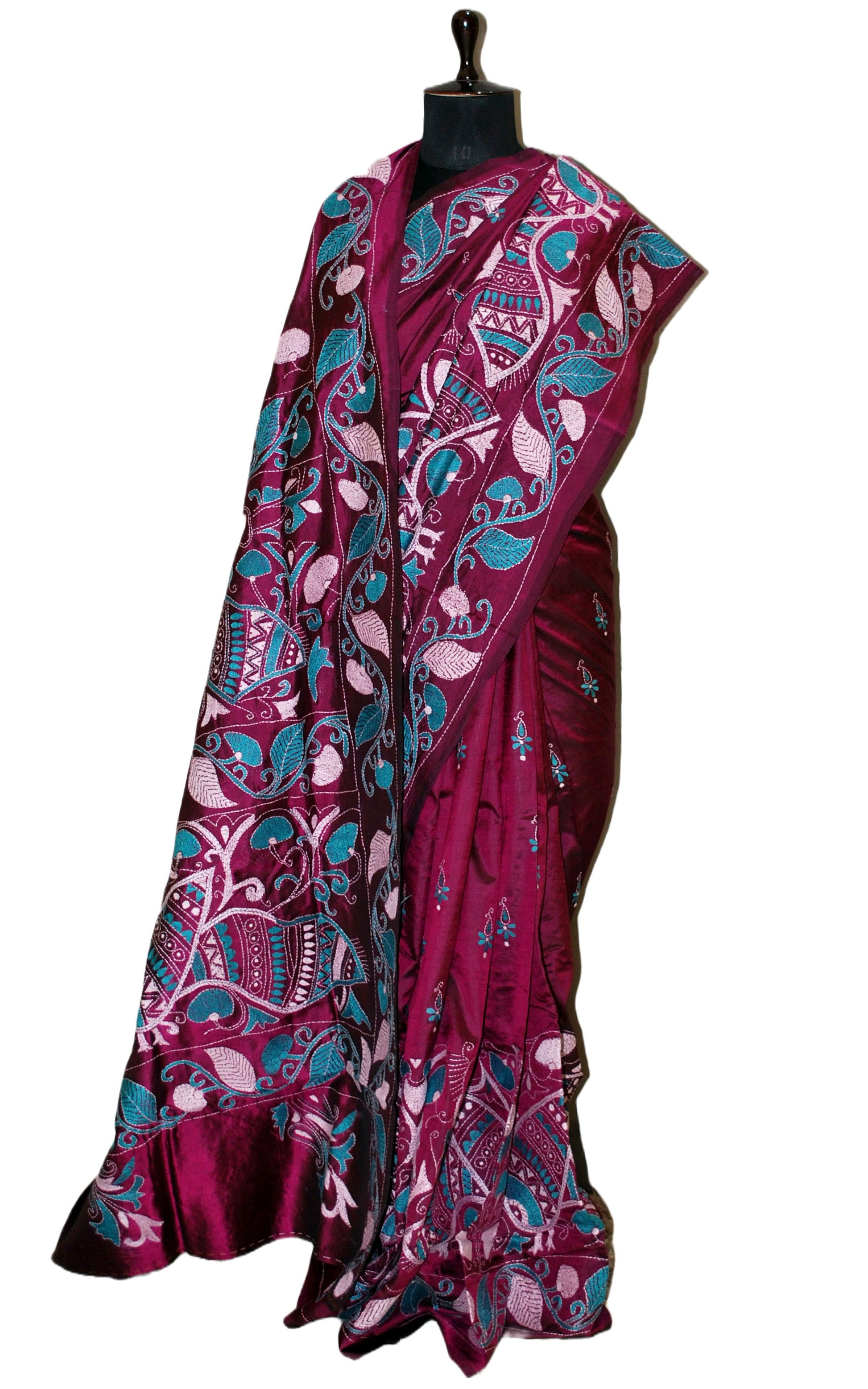 Pure Silk Hand Embroidery Kantha Stitch Saree in Boysenberry, Teal and Off White