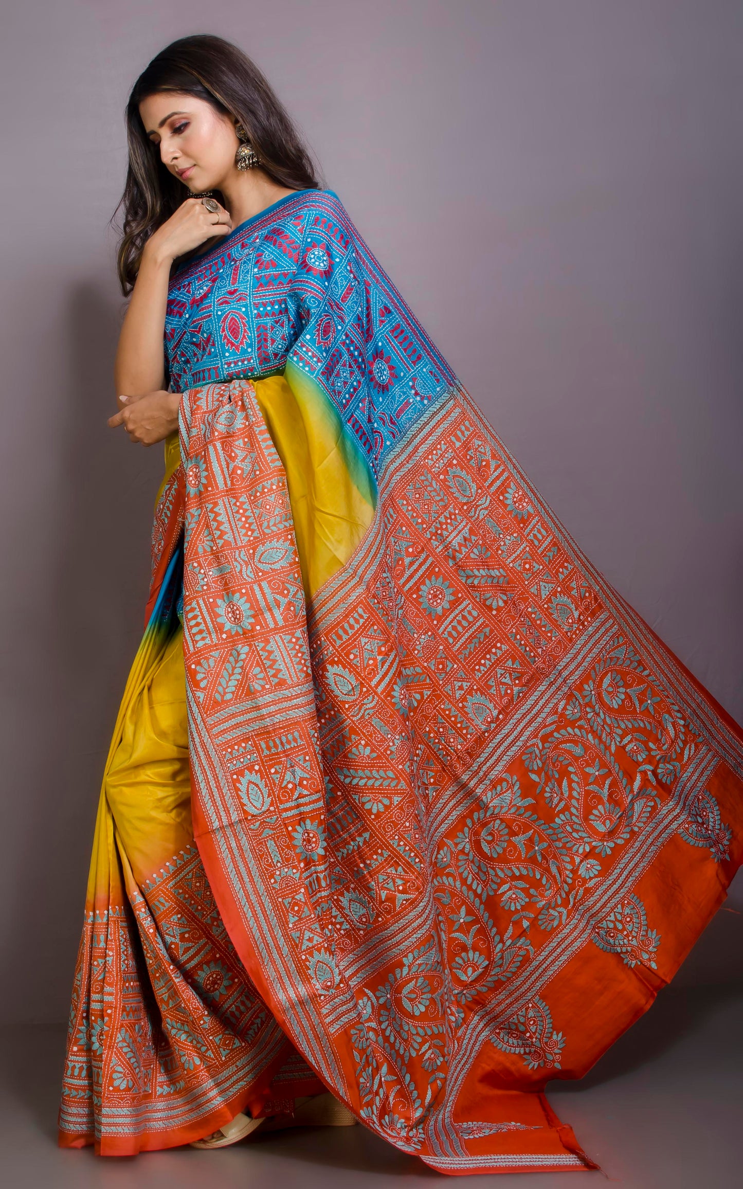 Tie-Dye Pure Silk Hand Embroidery Kantha Stitch Saree in Ochre Yellow, Celeste Blue and Sunrise Orange