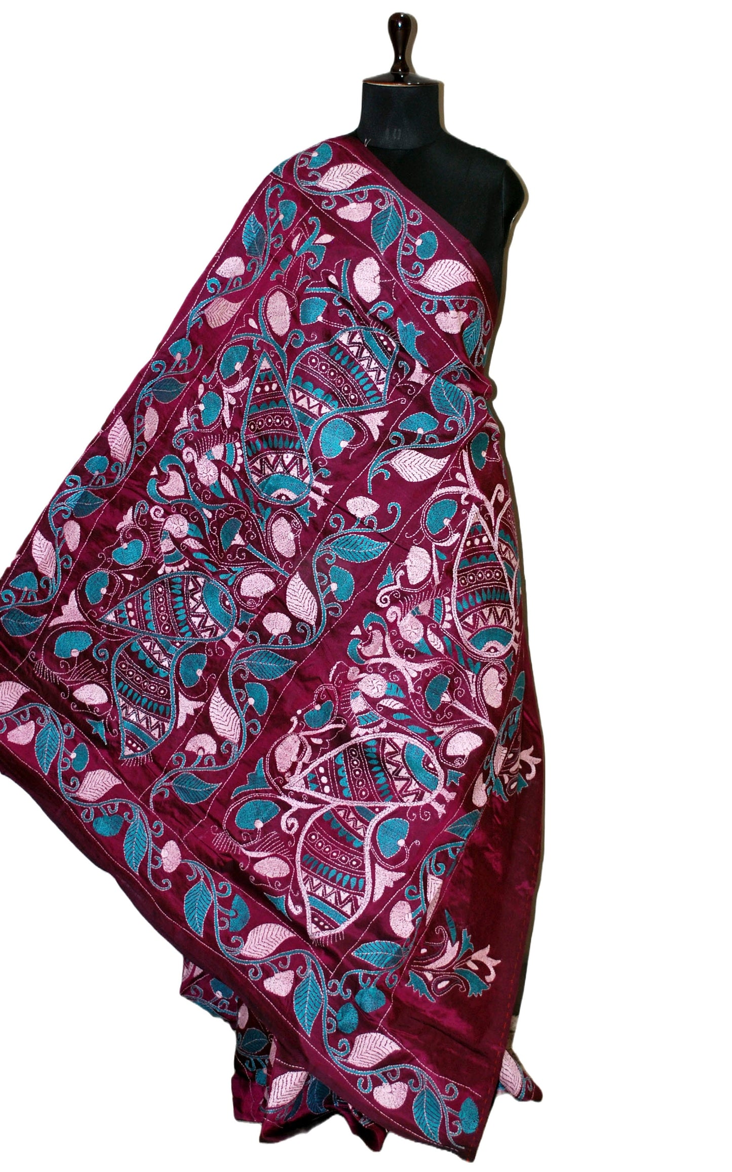 Pure Silk Hand Embroidery Kantha Stitch Saree in Boysenberry, Teal and Off White