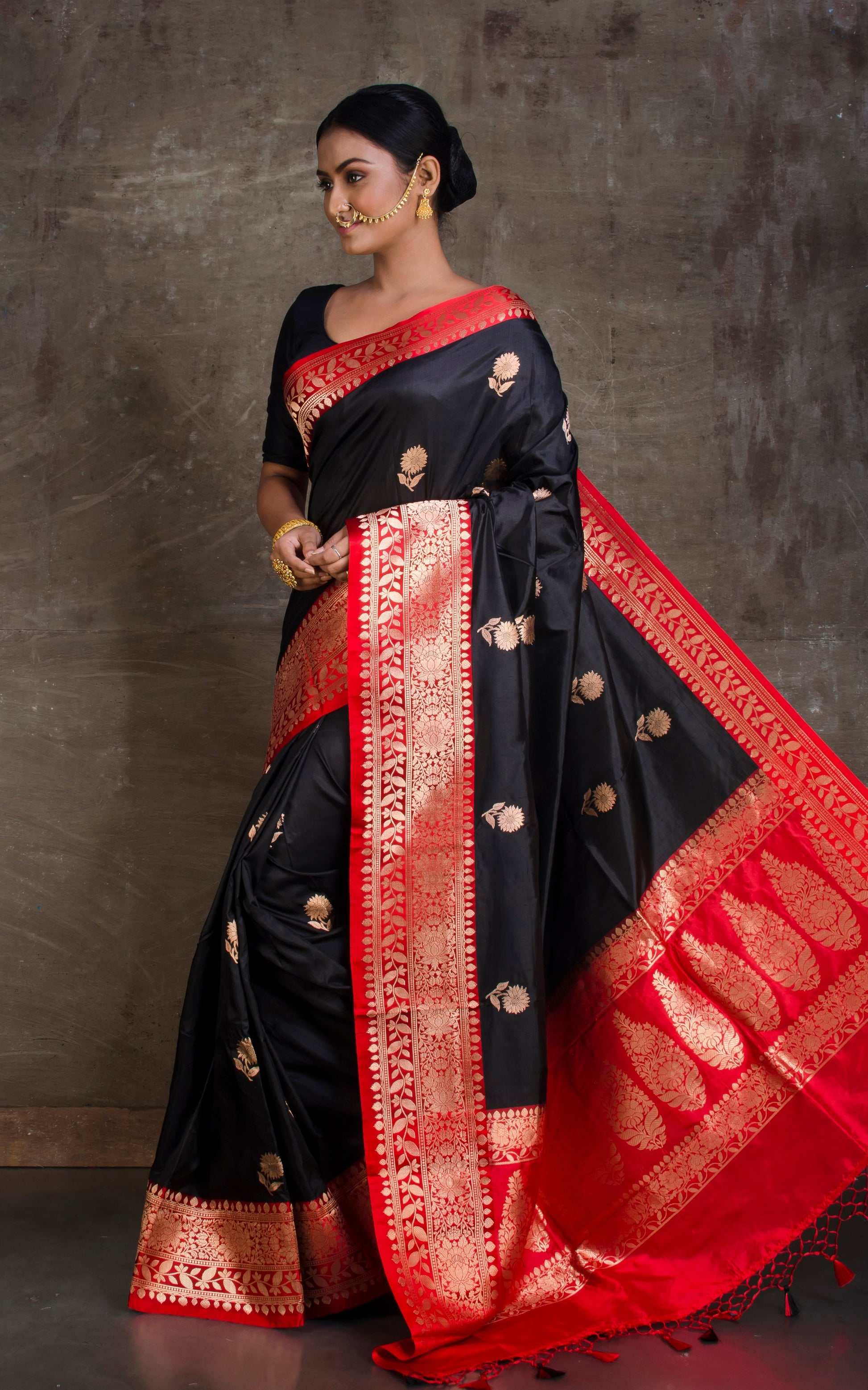 Pure Katan Banarasi Silk Saree in Black and Red