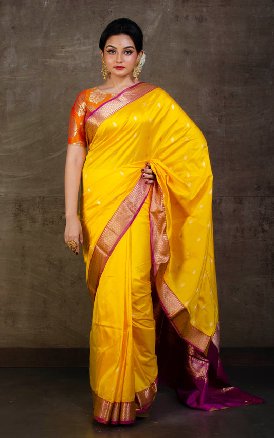 Handwoven Pure Katan Banarasi Silk Saree in Aureolin Yellow and Purple