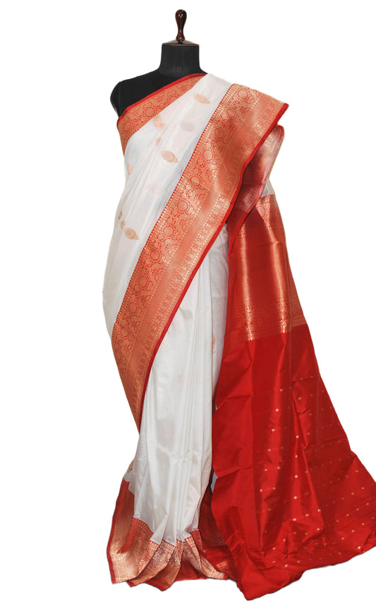 Pure Katan Banarasi Silk Saree in Milk White, Red and Antique Gold