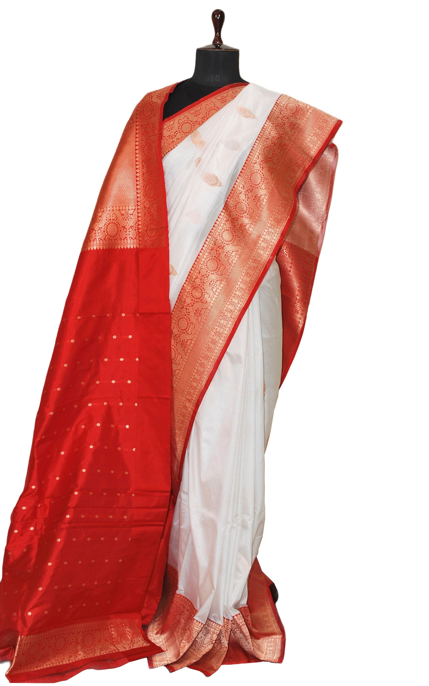 Pure Katan Banarasi Silk Saree in Milk White, Red and Antique Gold