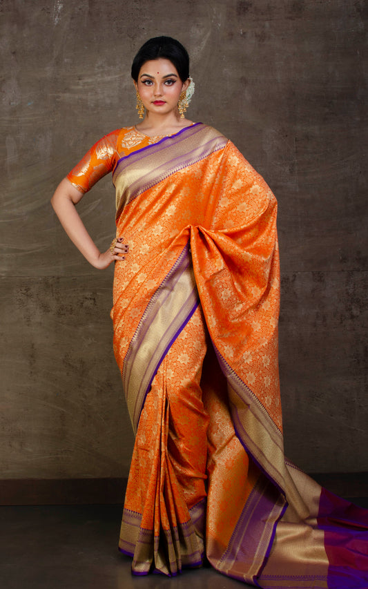 Tanchui Brocade Work Katan Silk Saree in Tangerine Orange and Purple