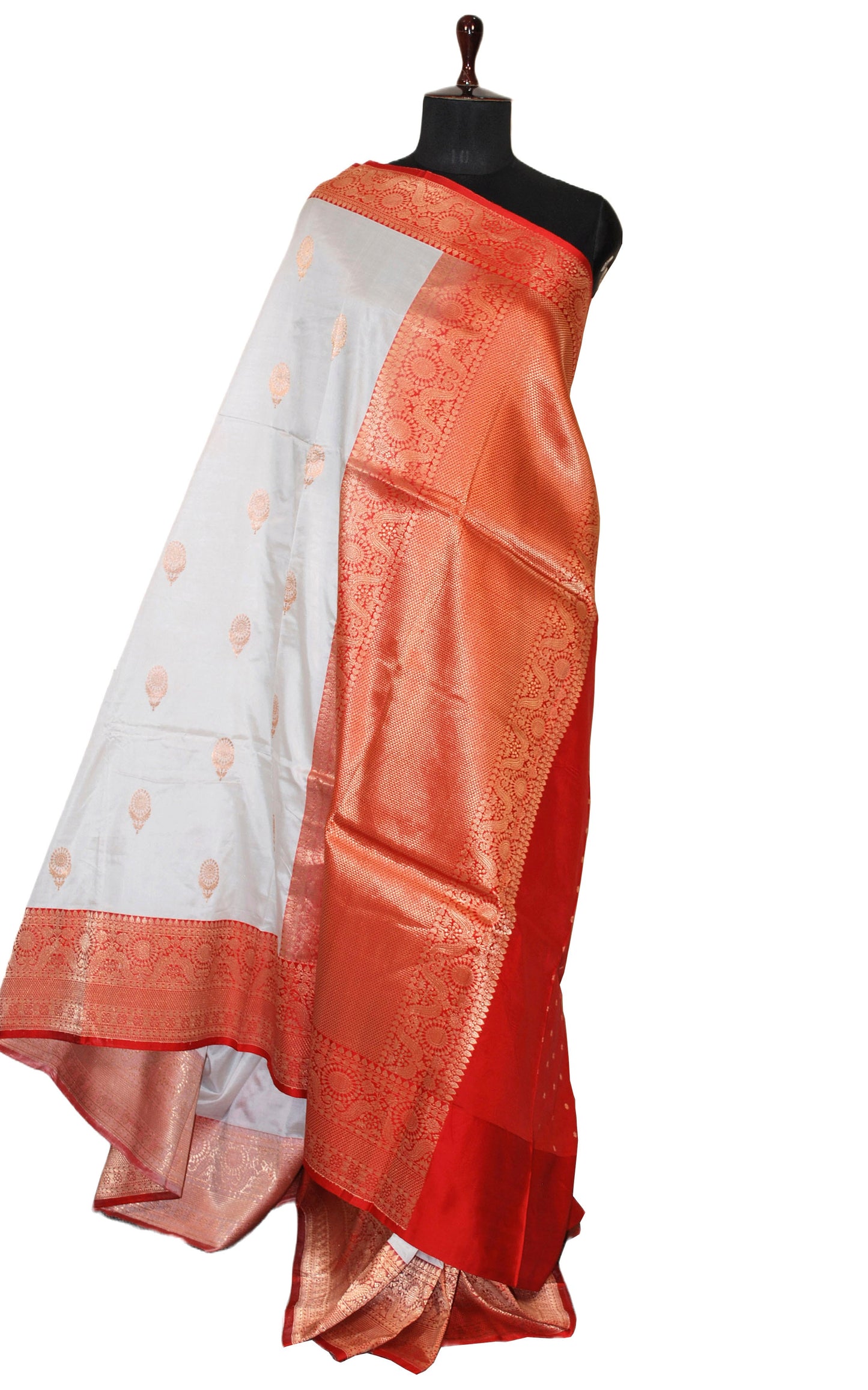 Pure Katan Banarasi Silk Saree in Milk White, Red and Antique Gold