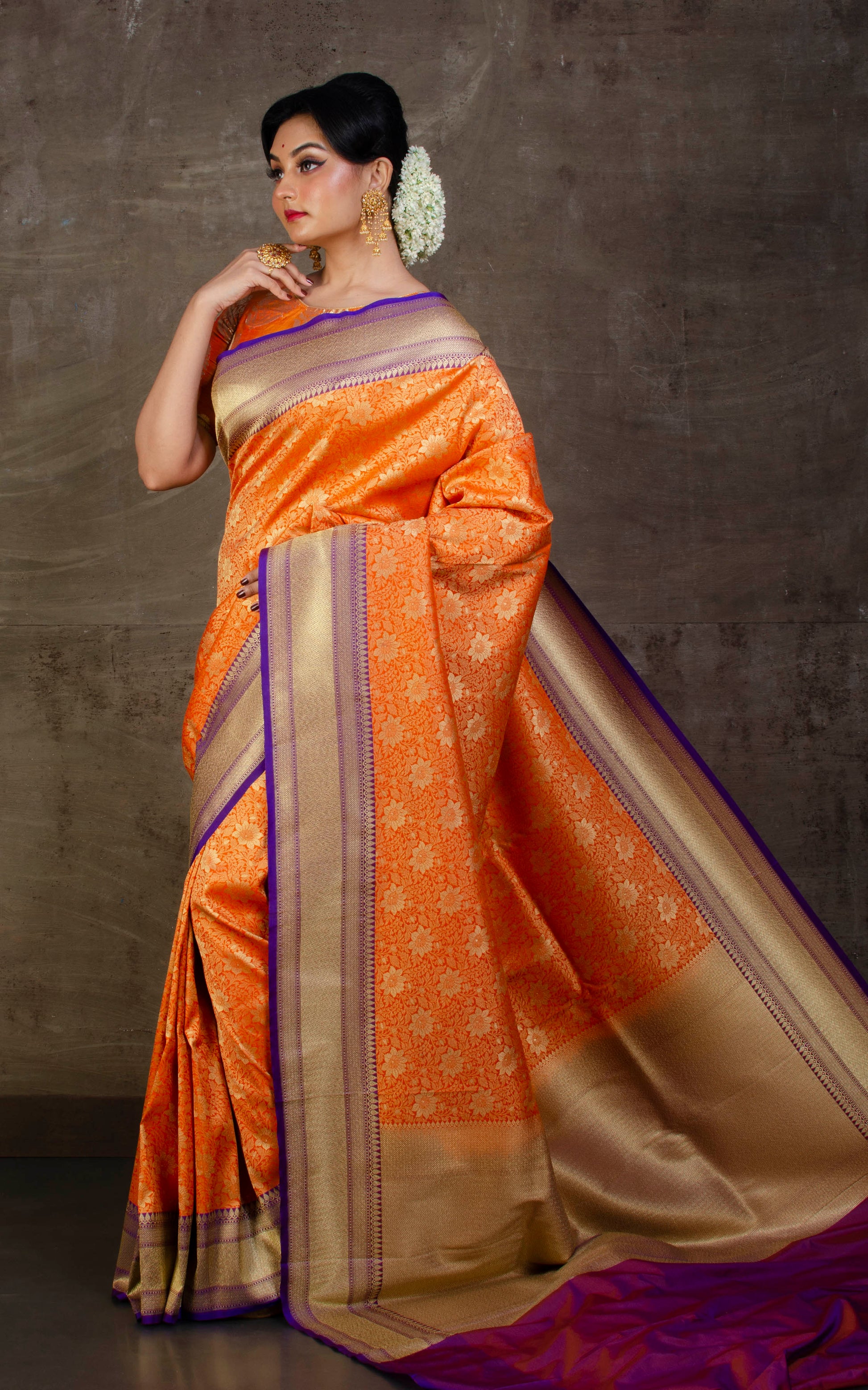 Tanchui Brocade Work Katan Silk Saree in Tangerine Orange and Purple