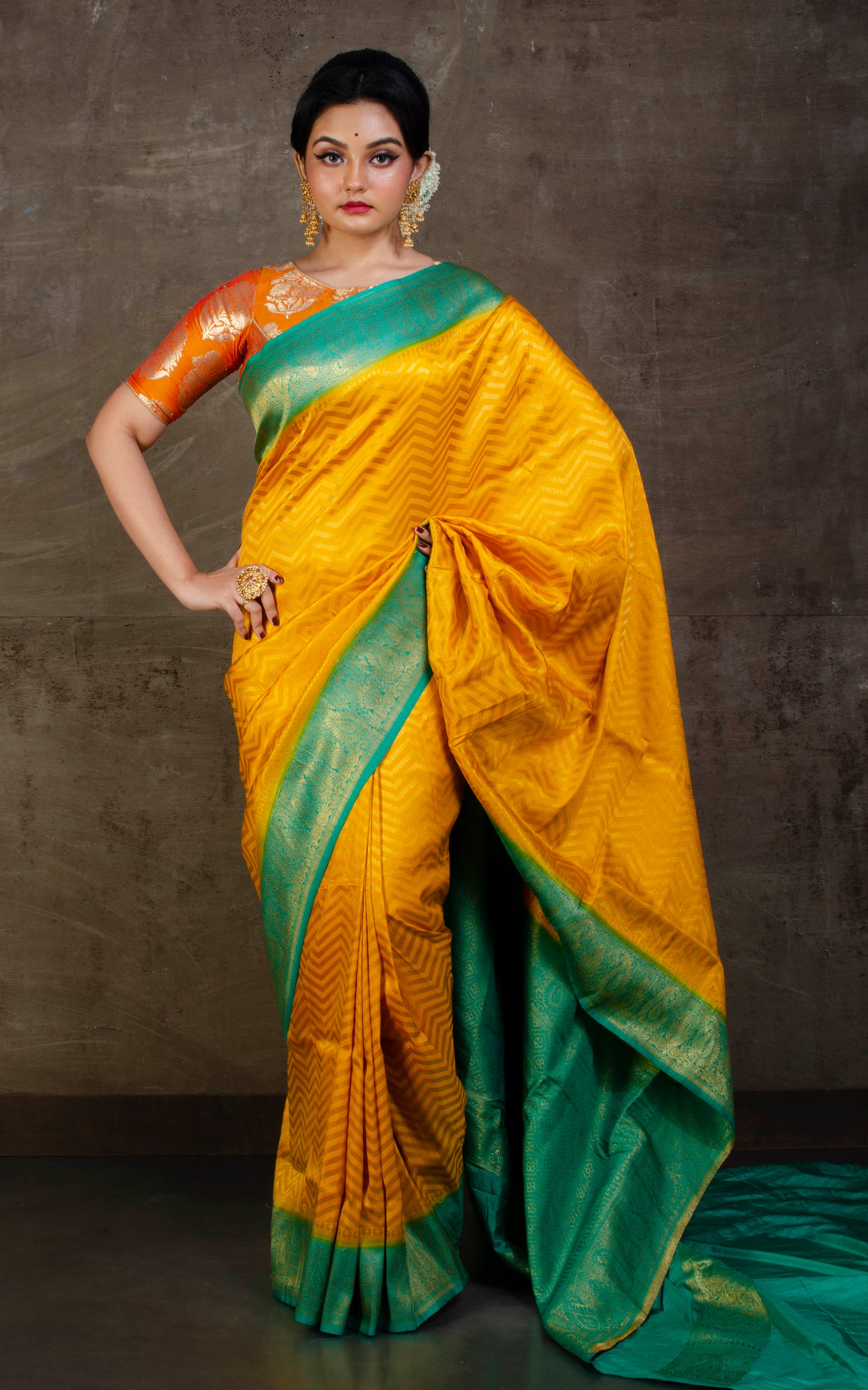 Tanchui Brocade Work Katan Silk Saree in Golden Yellow and Turquoise