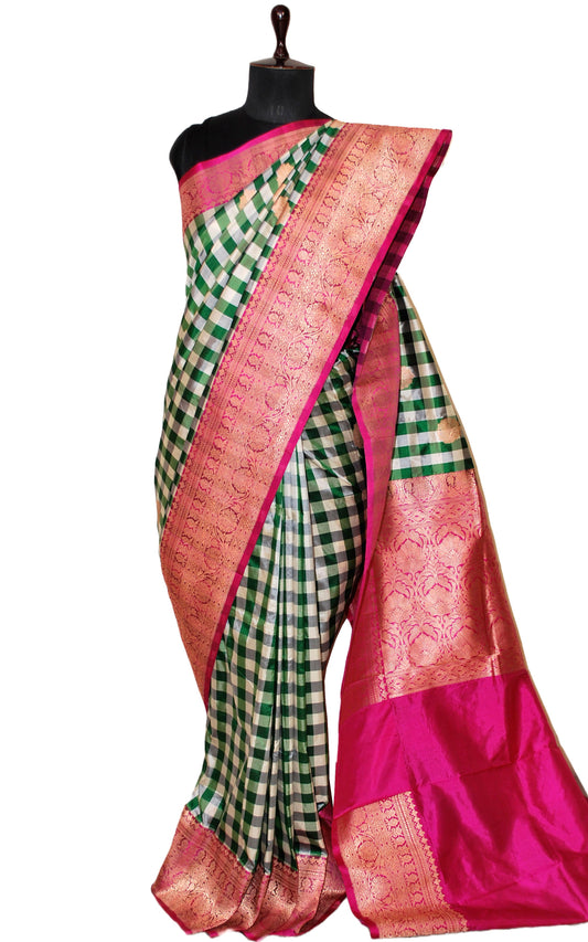 Designer Checks Katan Banarasi Silk Saree in Emerald Green, Acadia White and Hot Pink