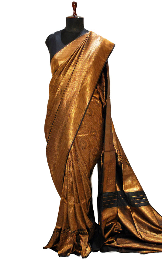 Semi Silk Brocade Kangivaram Saree in Black and Golden