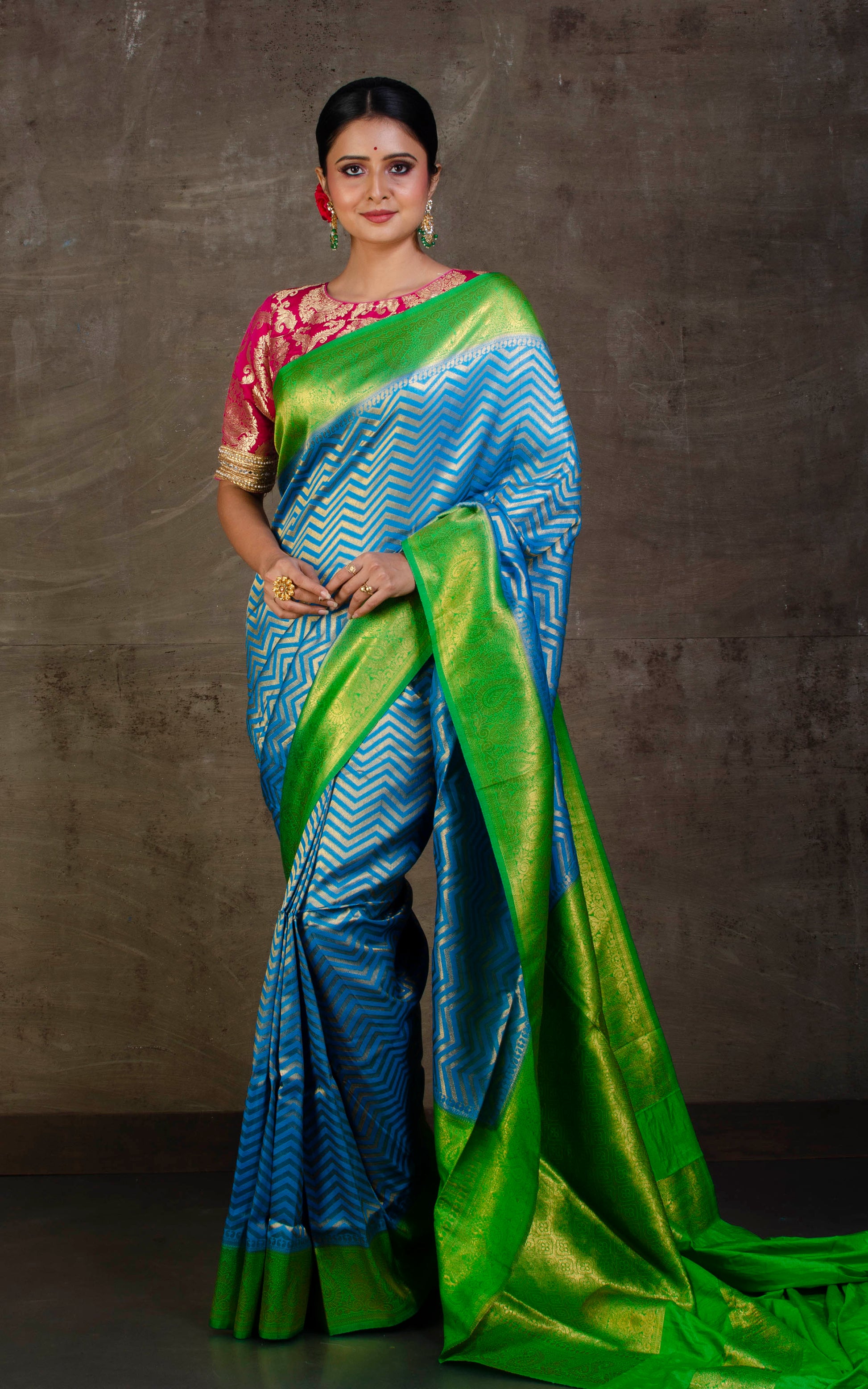 Tanchui Brocade Work Katan Silk Saree in Golden Azure Blue and Parakeet Green