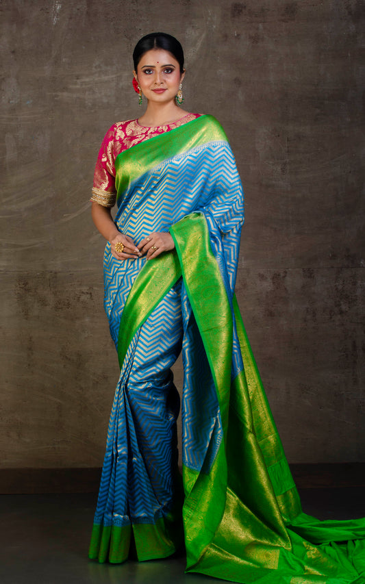 Tanchui Brocade Work Katan Silk Saree in Golden Azure Blue and Parakeet Green