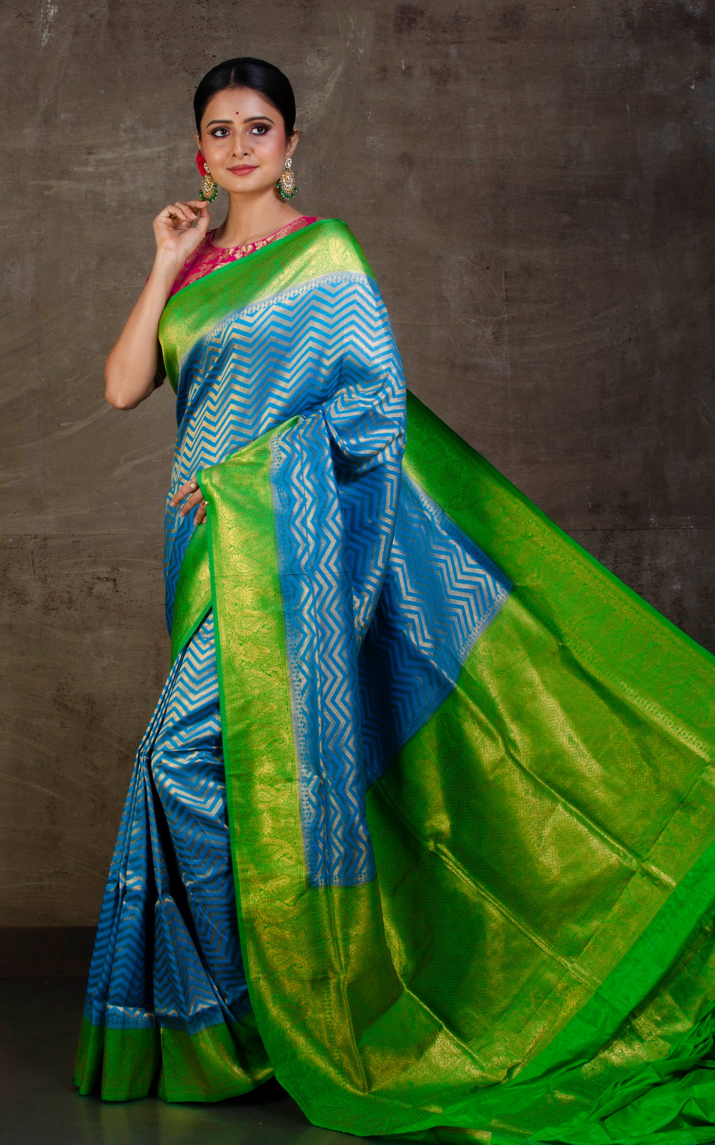 Tanchui Brocade Work Katan Silk Saree in Golden Azure Blue and Parakeet Green