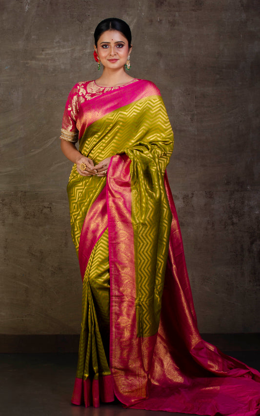 Tanchui Brocade Work Katan Silk Saree in Pistachio Green and Hot Pink