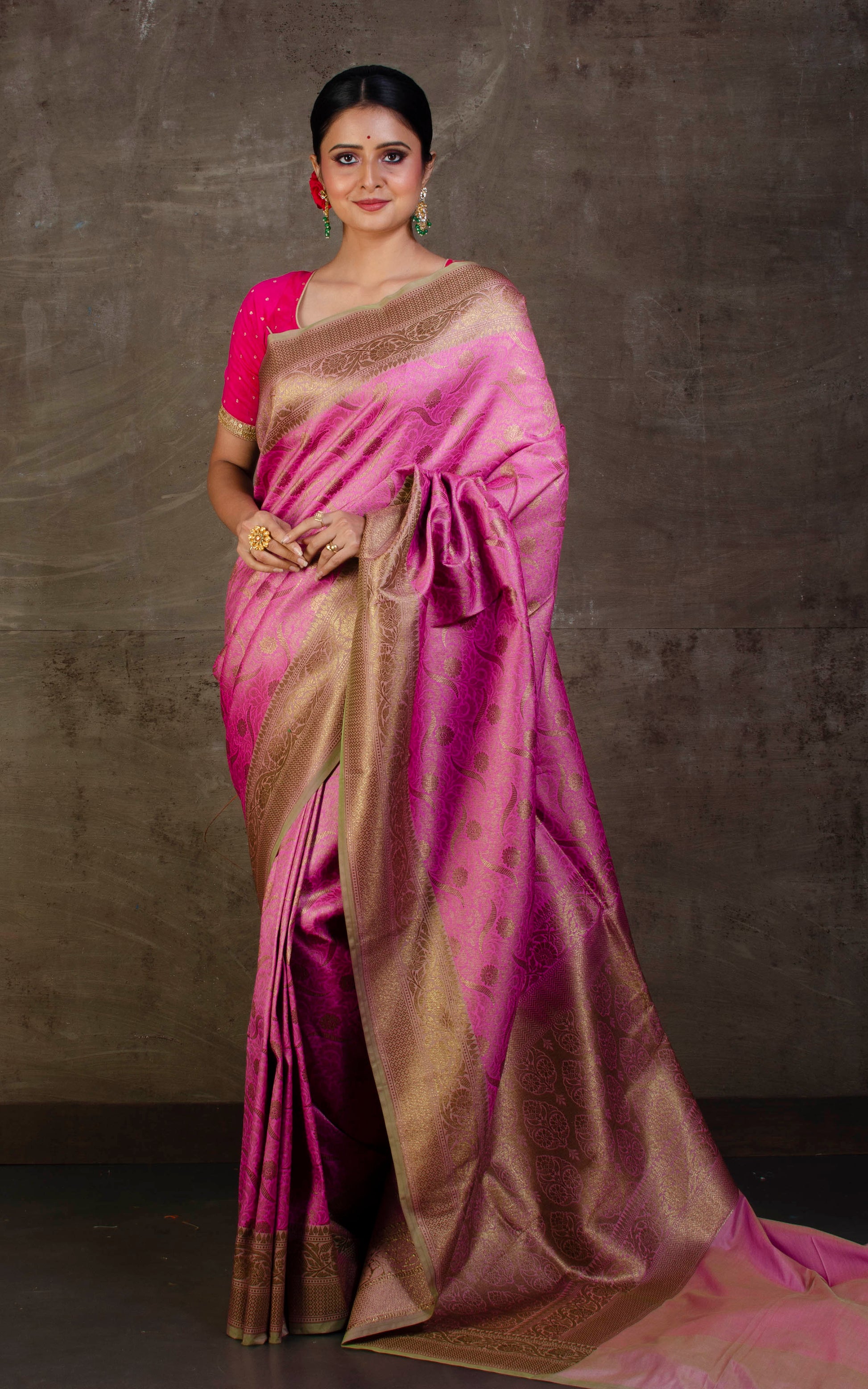 Tanchui Brocade Work Katan Saree in Pastel Pink and Mute Gold